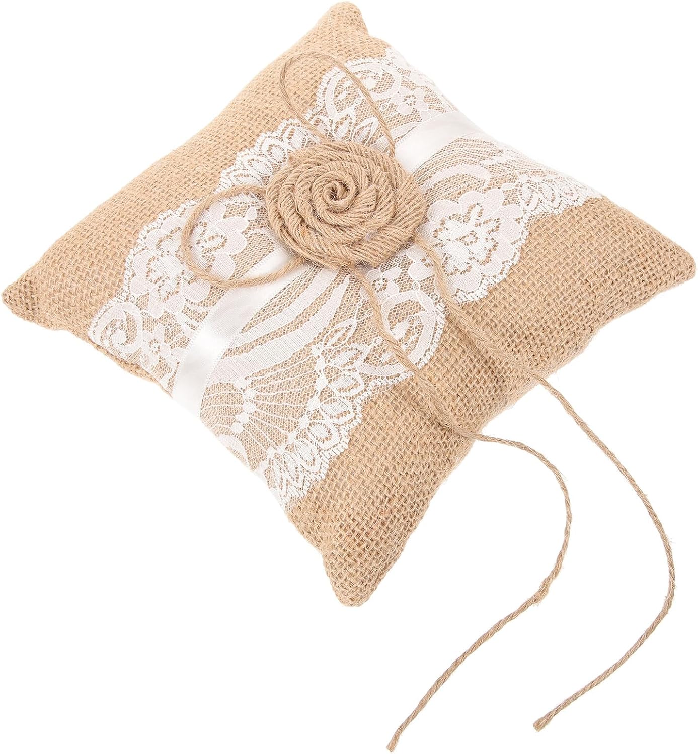 Linen Wedding Ring Pillow Cushion with Burlap Flower Decoration, Rustic Bridal Ring Bearer Pillow for Wedding Ceremony and Proposal Events Style