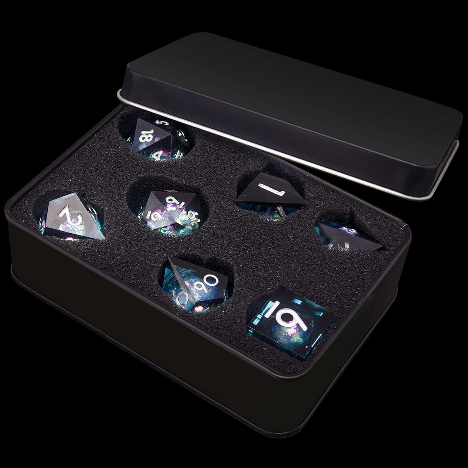 AUSTOR Liquid Core Resin DND Dice Sharp Edge Polyhedral Dice 7-Die DND Dice Set Quicksand Handmade Resin Dice for Dungeons and Dragons RPG MTG Table Games, Blue & Black