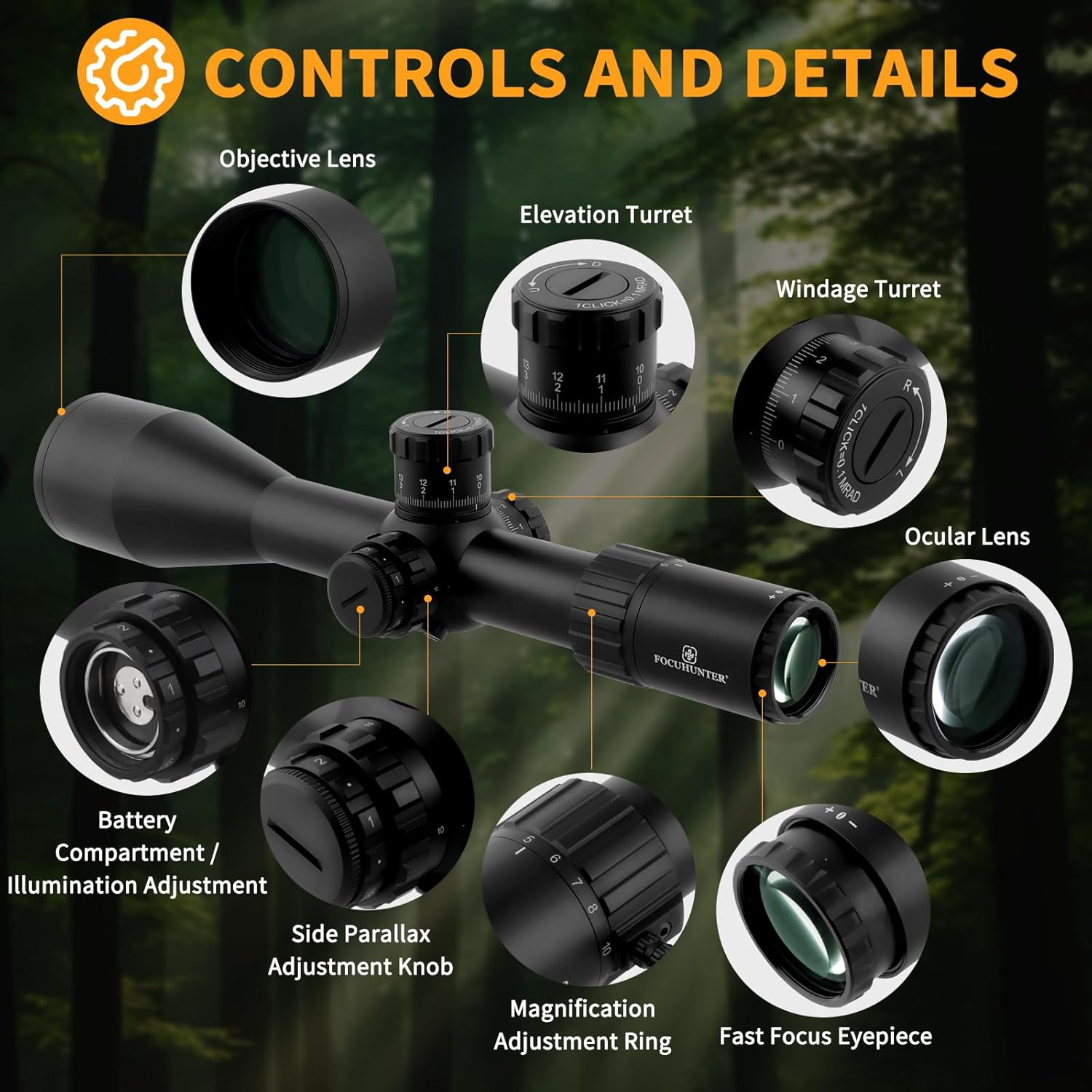 FOCUHUNTER 5-30X56 Scope, 6-Level Red Illuminated Optical with Windage & Elevation Adjustable, Mil-dot Reticle Scope with 34mm Mounts & Sunshade, IP67 Waterproof Shockproof Green FMC Lens
