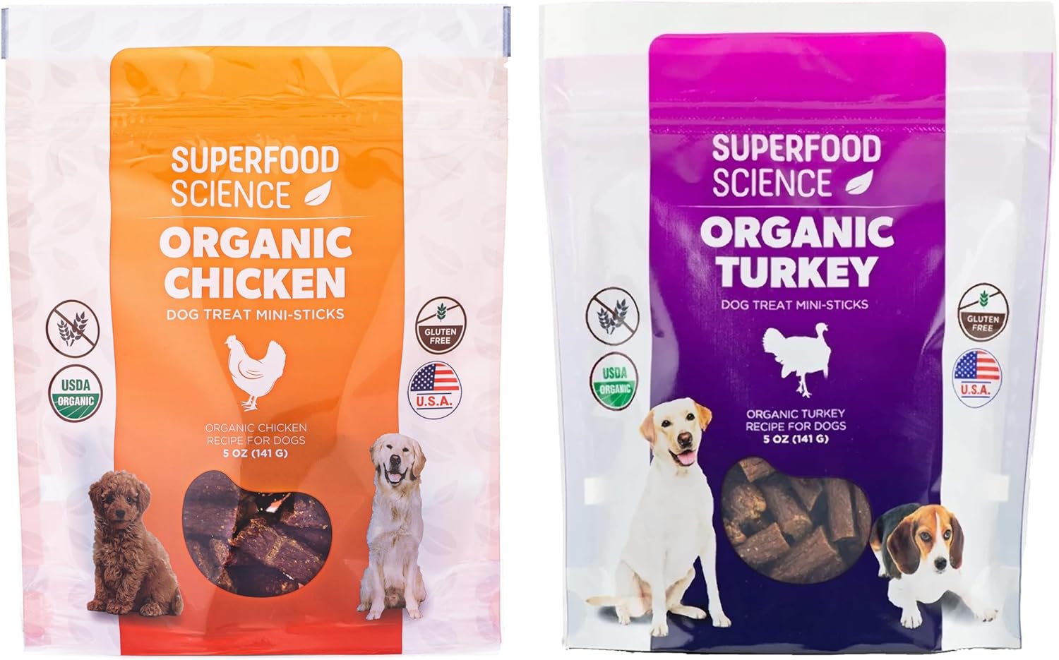 Organic Chicken & Turkey Dog Snacks, USA-Made Jerky Sticks, Healthy Training Treats, All Natural, For All Dog Sizes, 2 Pack, 5 OZ Each