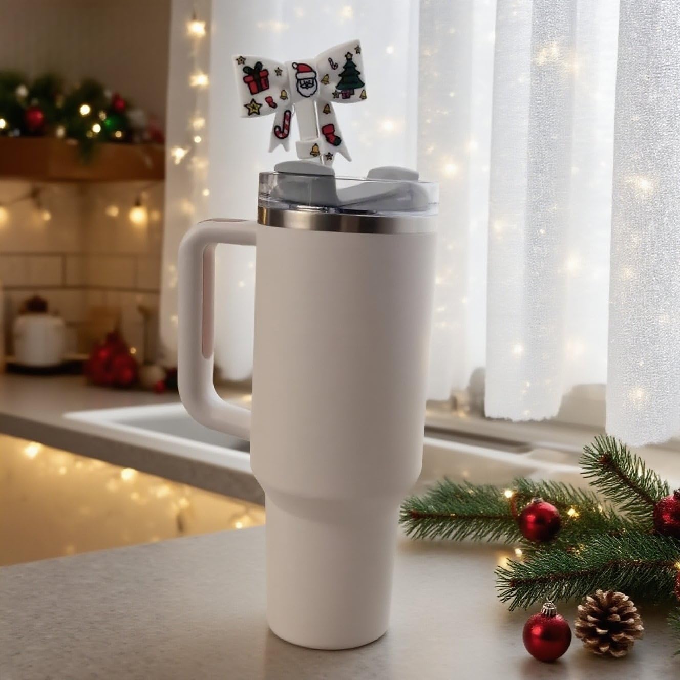 Christmas Straw Cover for Stanley Cup 10mm 0.4in Bow Shape Silicone Straw Topper for Stanley Tumbler 30Oz&40Oz (3PCS White Red Green) - Image 4