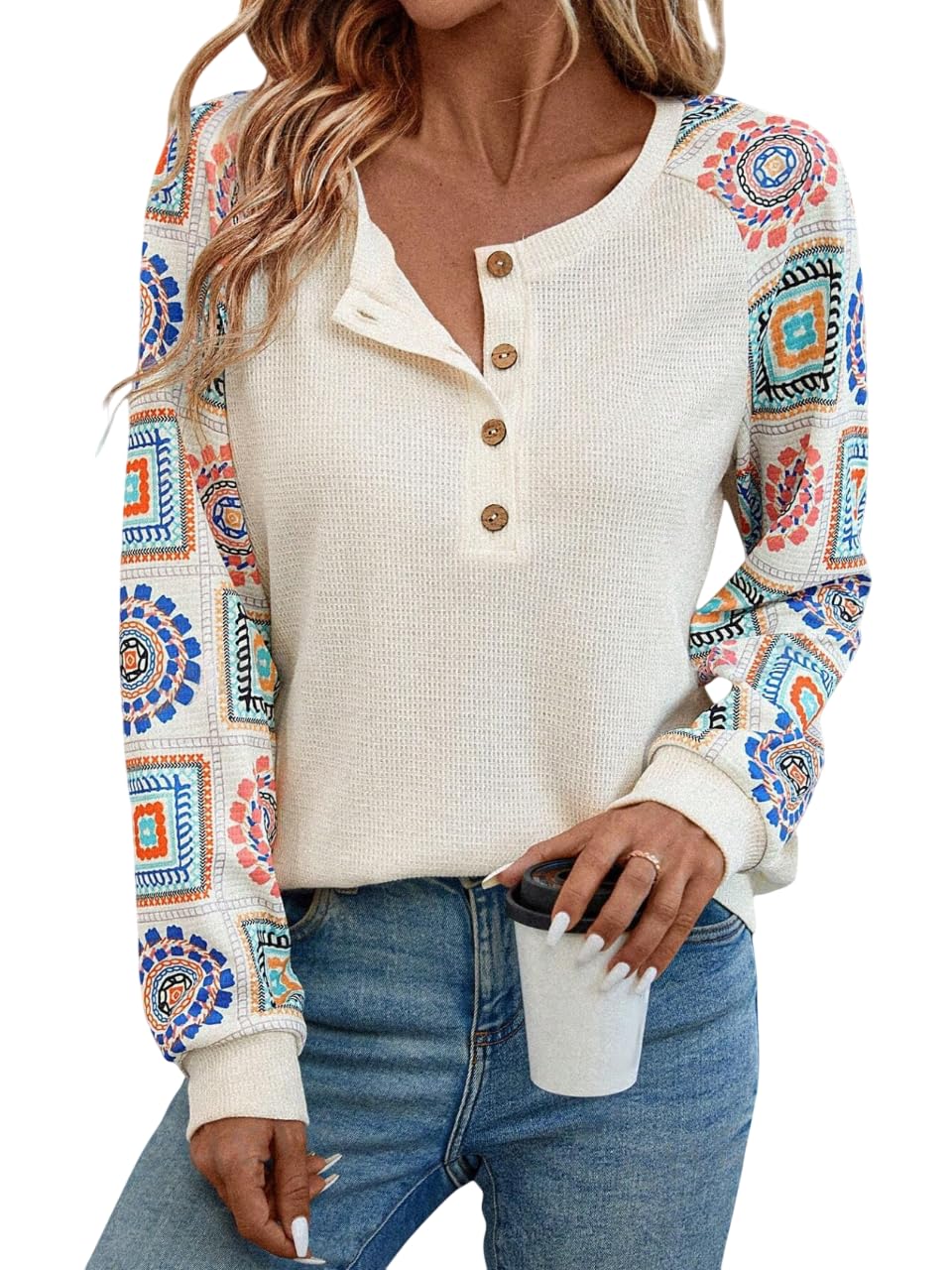 TAGAS Geometric Regular Fit Floral Print Round Nack Full l Long Sleeve Trendy TOP for Womens