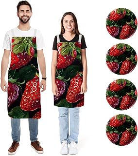 Paquete de 2 delantales de cocina con insignia redonda, color rojo fresa fresca, resistente al agua, con 2 bolsillos, delantales de cocina para mujeres y hombres, Fresa roja fresca,