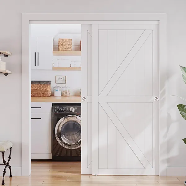 SMARTSTANDARD Closet Sliding Door, 72"×80"(Double Barn Doors 37"), Double K Shape Sliding Door with Hardware Kit, Pre-Drilled Doors Panel, Need to Assemble, MDF with PVC Surface, White 72"(D