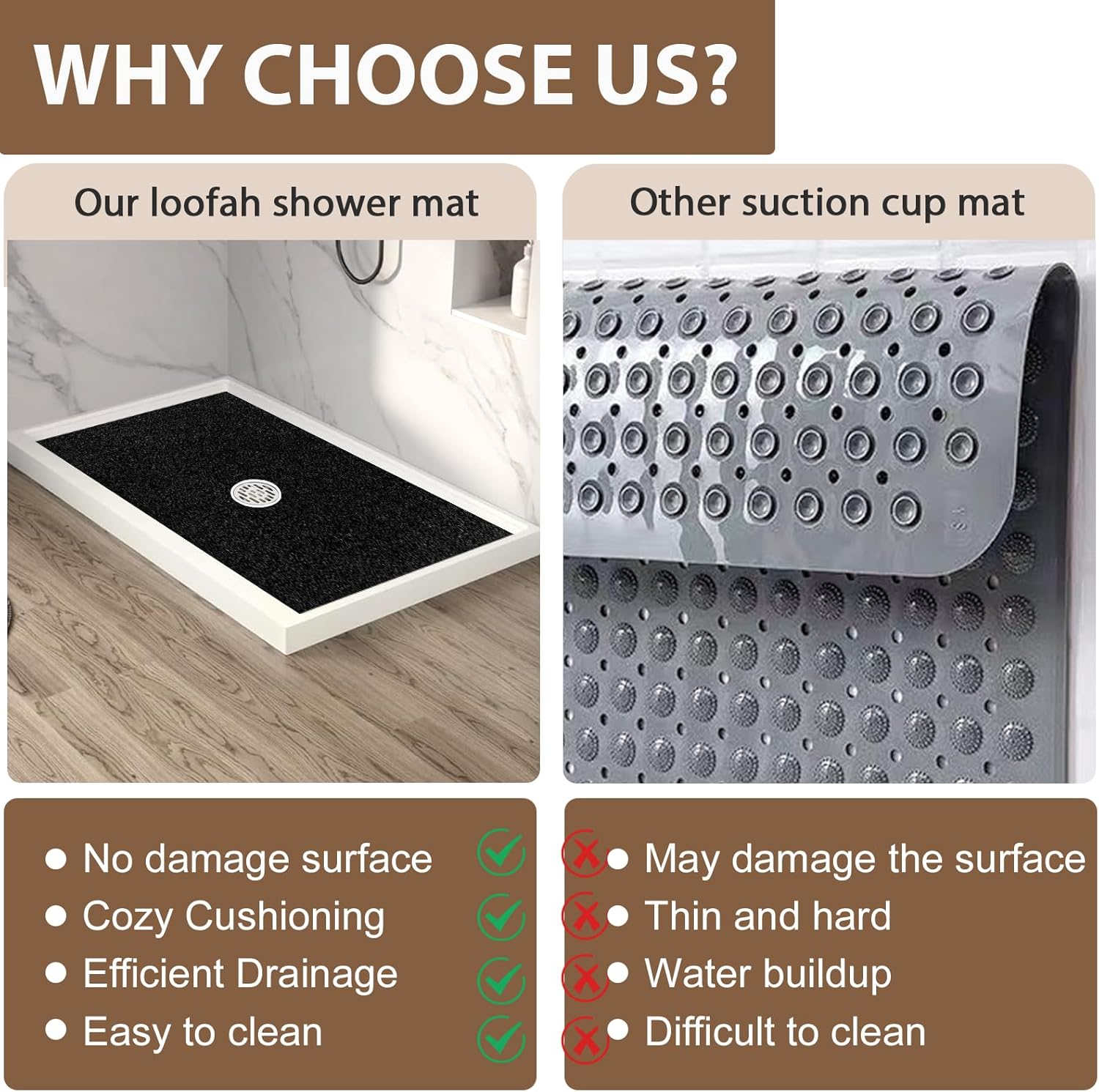Large Non Slip Shower Mat: 32x24 inch Loofah Shower Mat for Inside Shower with Drain Hole in Middle, Soft PVC Anti-Slip Shower Stall Mats for Bathroom,Wet Area, Quick Drying