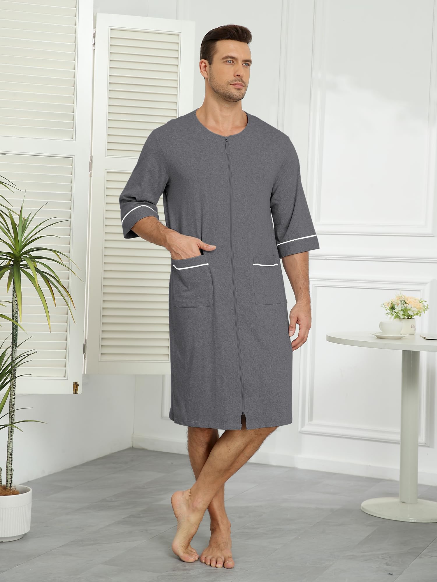 EA'S SECRET Herren 100% Baumwolle Morgenmantel Weicher Reißverschluss Bademantel Kurzarm Sommer Kimono Hausmantel Mit Taschen