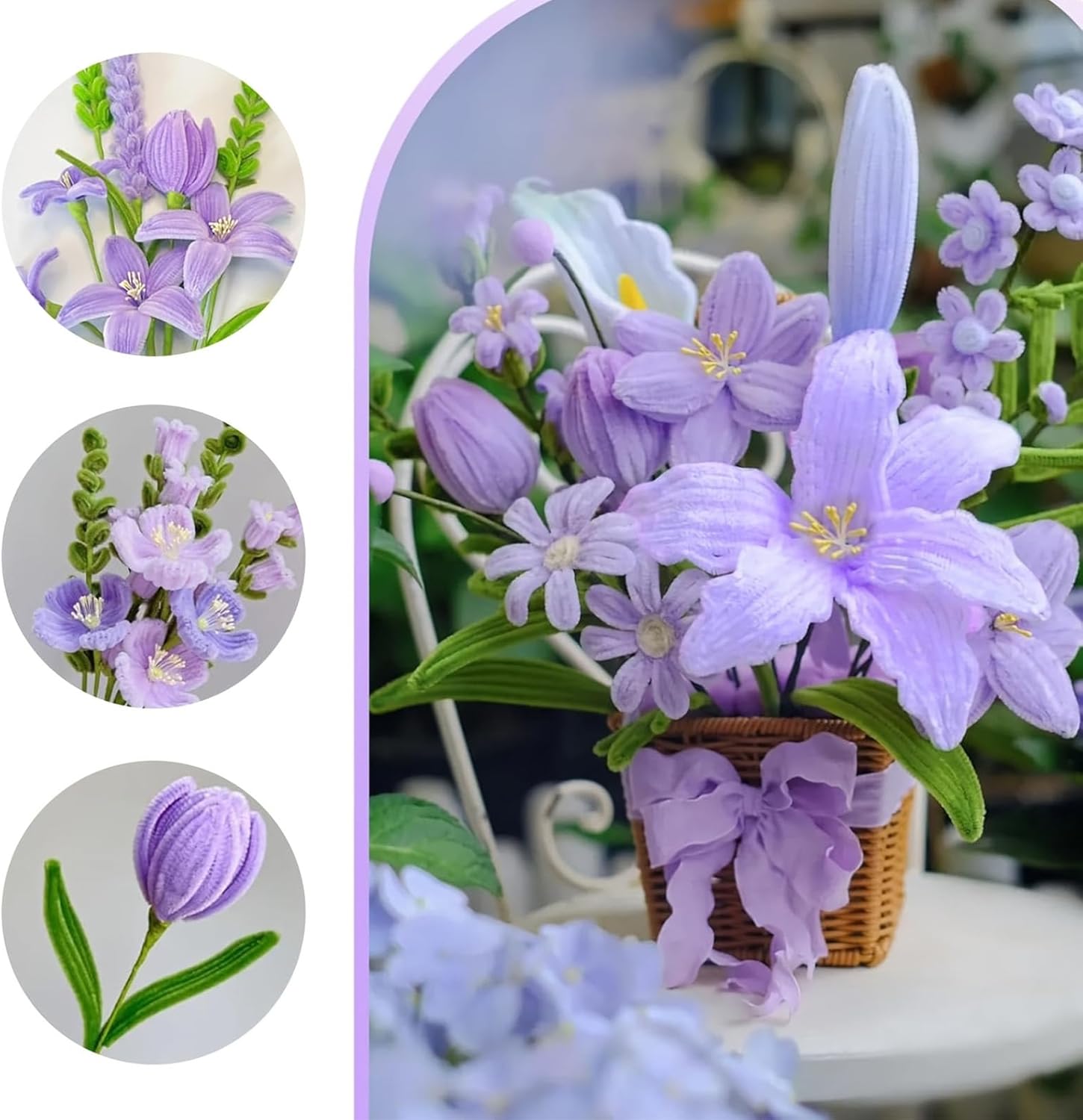 Akanelvy 600 Pcs Pipe Cleaner Flower Kit, Fluffy DIY Craft Supplies, Bendable Stems for Floral Arrangements, Aesthetic Pastel Colors for Easter Gift Wrapping (Purple)
