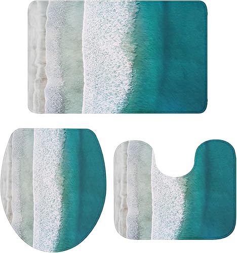 Miniatura 4 de Fancyine Bathroom Rugs Sets 3 Piece Bath Mat,Blue Ocean Wave Summer Beach Soft Non-Slip Bath Rug Set,Absorbent Shower Rugs Toilet Seat Cover
