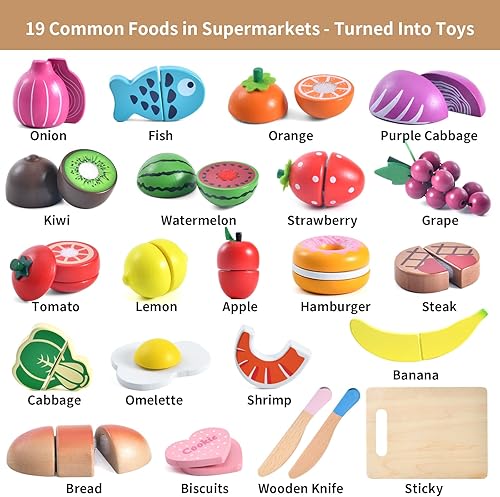 Miniatura 3 de WHOHOLL Juego de comida de madera para niños de cocina, accesorios de cocina para simular, cortar alimentos, juguetes Montessori para niños de más