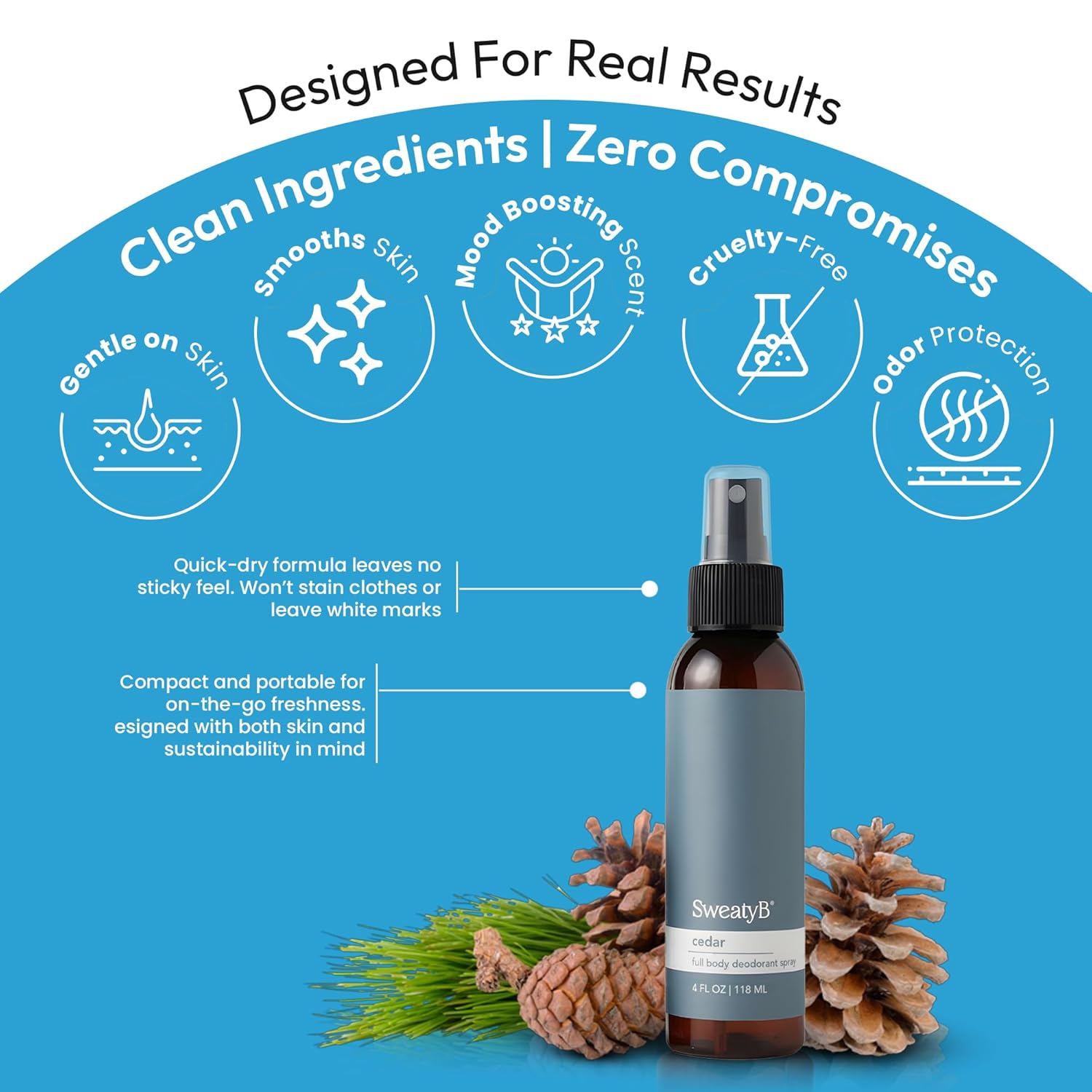SweatyB® Cedarwood deodorant for men & women - Odor Protection with cedarwood spray - Travel Size, Skin-Safe, Vegan & Made in USA - Cedar spray - 4 Oz - Pack of 2