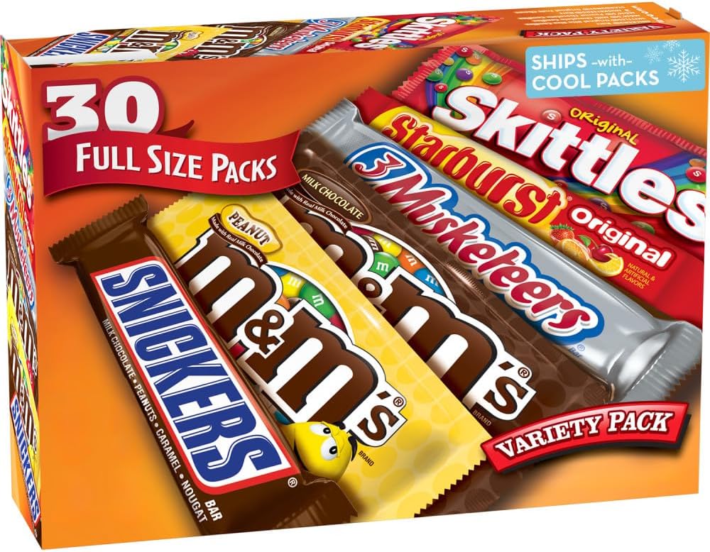 M&M'S, SNICKERS, 3 MUSKETEERS, SKITTLES & STARBURST Variety Pack Full Size Bulk Candy Assortment, 56.11 oz, 30 Bars