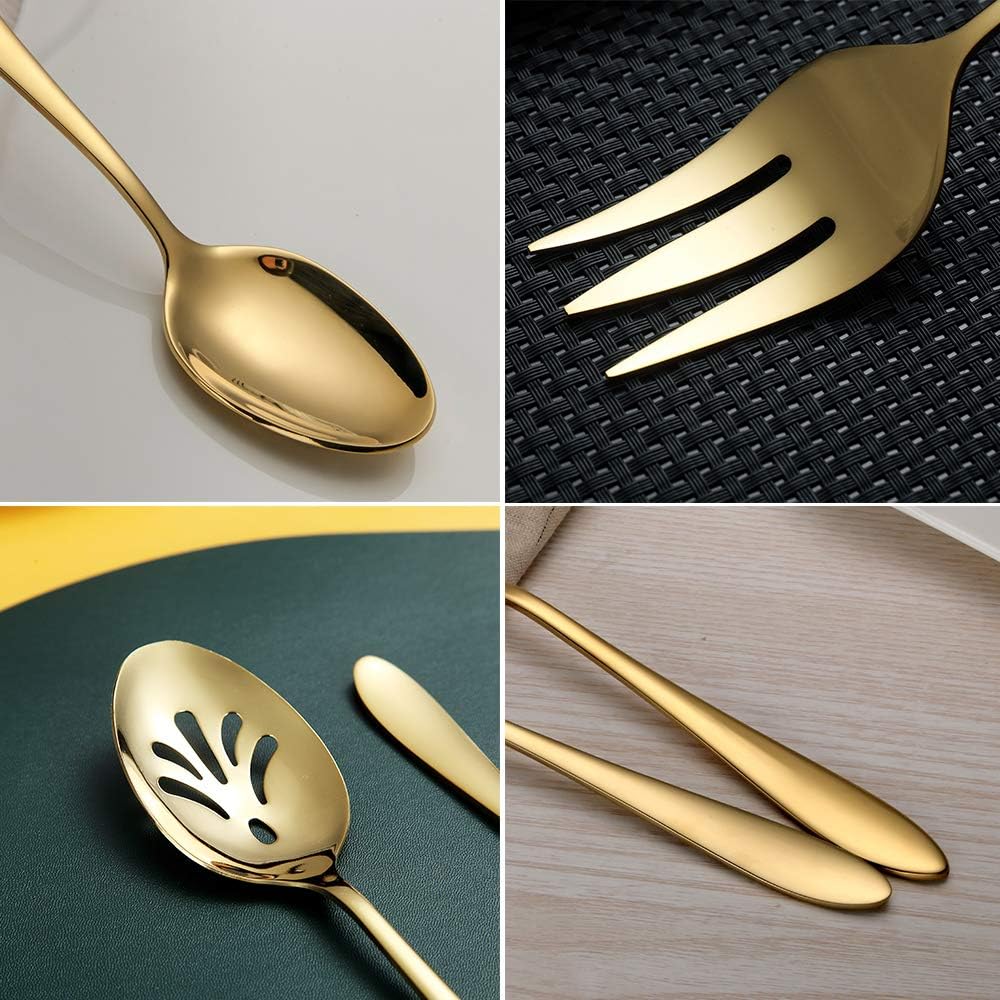 Gold 10-Piece Serving Flatware Silverware Set,Stainless Steel Serving Utensil Set,Include Slotted Serving Spoon, Serving Spoon, Serving Fork