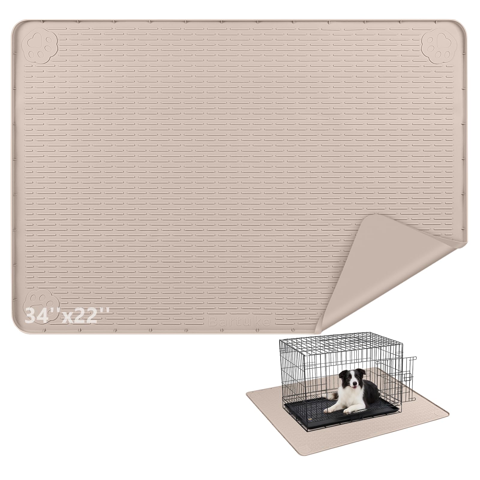 Bartuke Silicone Dog Crate Mat, Under Dog Crate Kennel Pad with Raised Edge, Washable Dogs Bed Mat, Waterproof, Leakproof, Protect Floors (Khaki, 40''x40'')