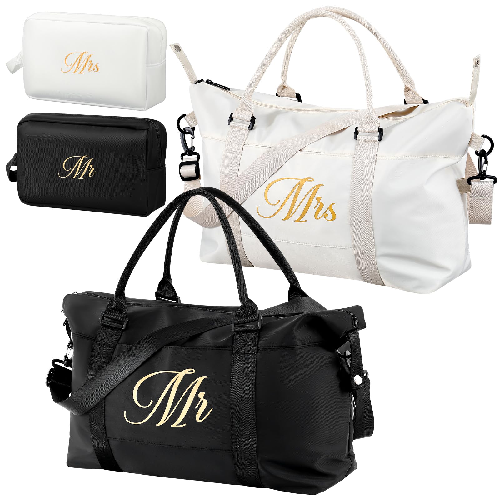 Sanwuta 4 Pcs Mr Mrs Duffel Bag Set 2 Honeymoon Travel Bags with 2 Toiletry Pouches Weekender Gym Tote for Couple Wedding Engagement Valentines His