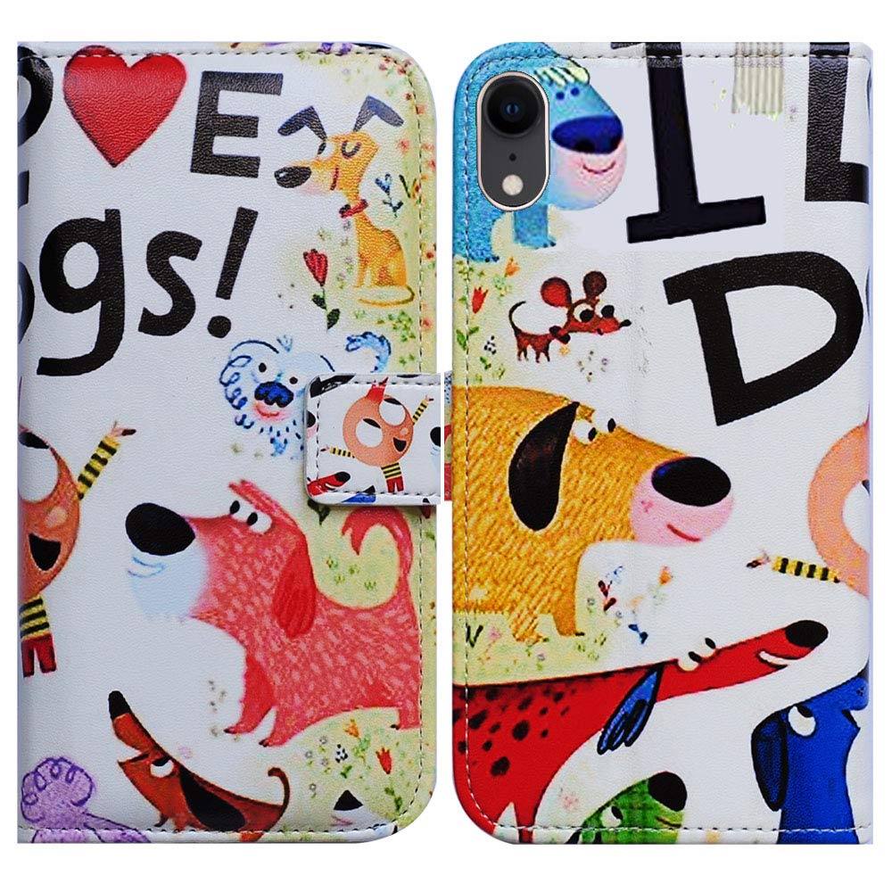 Bcov iPhone XR Case, Colorful Cute Dogs Folio Case Wallet Leather Cover Case with ID Credit Card Slot Holder Stand For iPhone XR