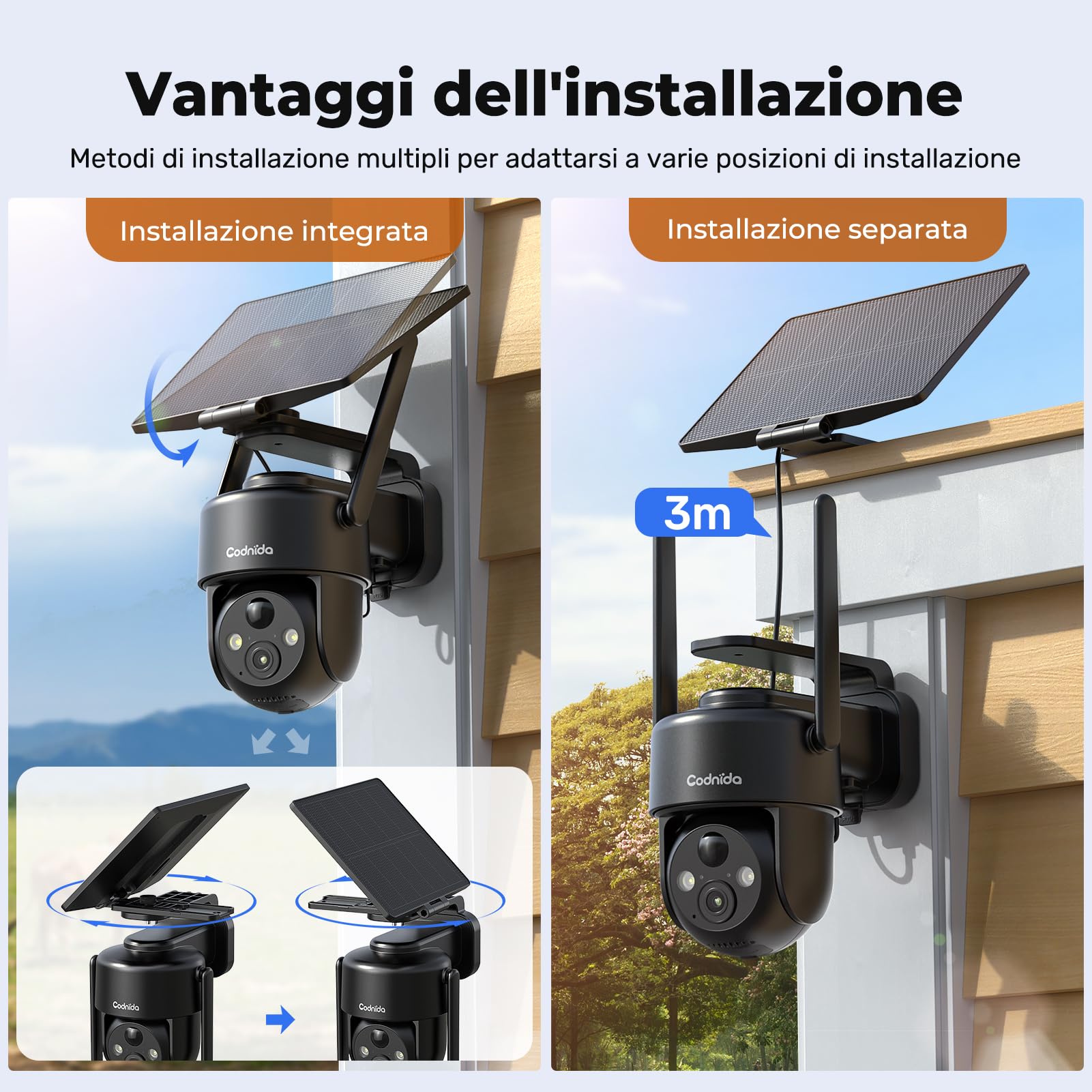 Codnida 4G Telecamera Esterno con Pannello Solare, 2K Telecamera Sanza Fili con Scheda Sim, 355° PTZ Videocamera Sorveglianza, Audio Bidirezionale, Rilevamento del Movimento, Visione Notturna a Colori