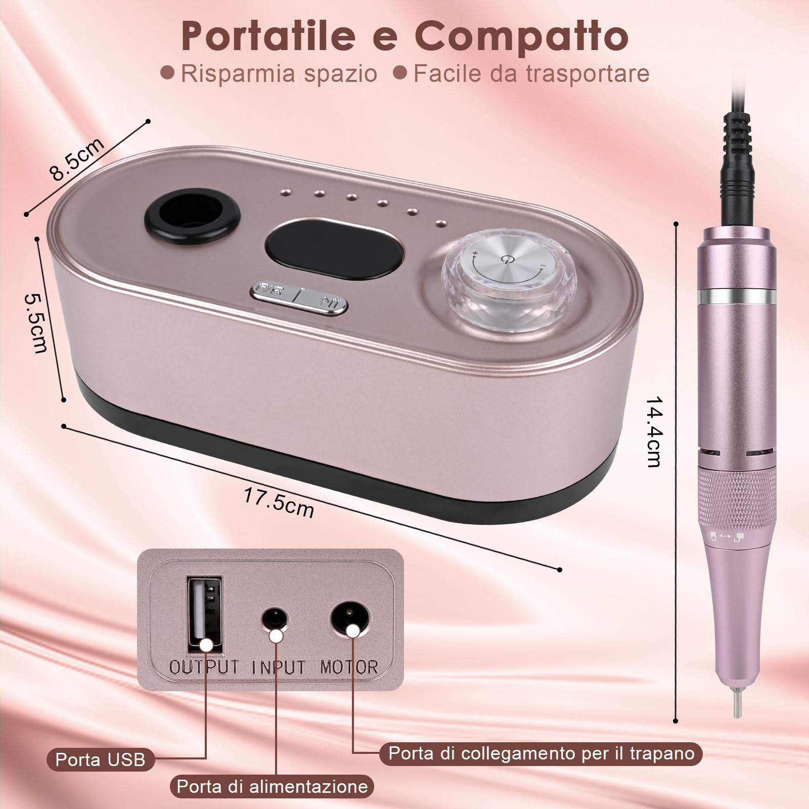 Fresa per unghie professionale 45000RPM,Fresa Per Unghie Con 12 Testine Di Levigatura,Display Lcd,Controllo Del Pulsante Illuminato,Silenzioso,Limetta portatile per gel acrilico