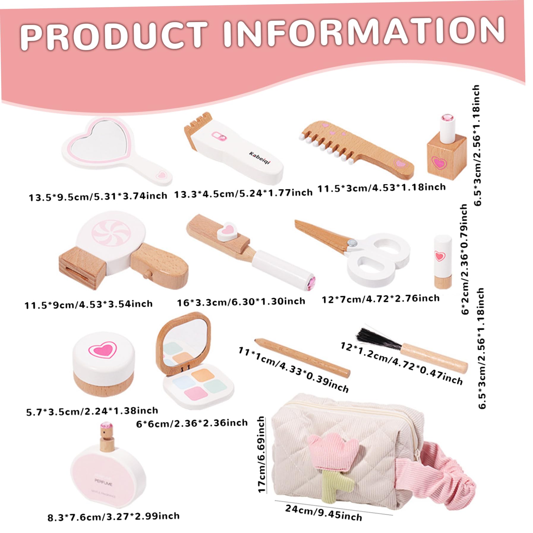 Set di giocattoli per il trucco in legno Kit per il trucco finto con ferro arricciacapelli, asciugacapelli, pettine, specchio, rossetto, mascara, profumo e altro Kit educativo per bambini per ragazze