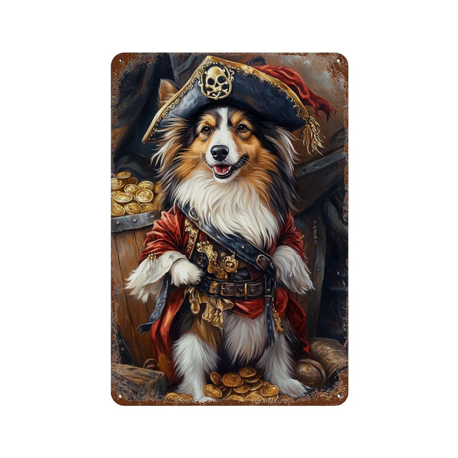 Garage Style Pirate Dog Treasure Chest-102 Rusty Metal Tin Sign 11.8"x7.9", Classic Wall Plaque for Bar And Workshop