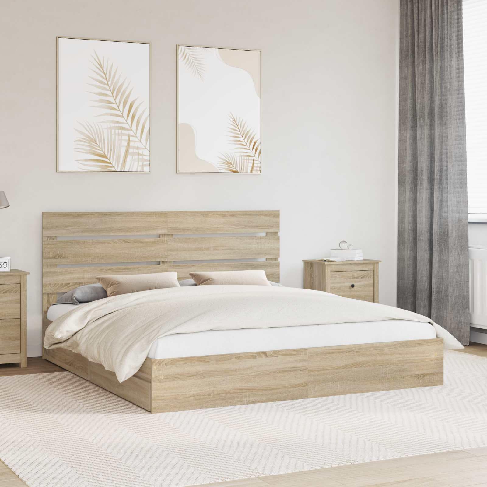 vidaXL Storage Bed with Drawer Sonoma Oak 200 x 200 cm Engineered Wood, Bedroom, Modern, Ample Storage, Durable, Water-Resistant Finish, Stylish Dcor to Enhance Your Living Space with Comfort