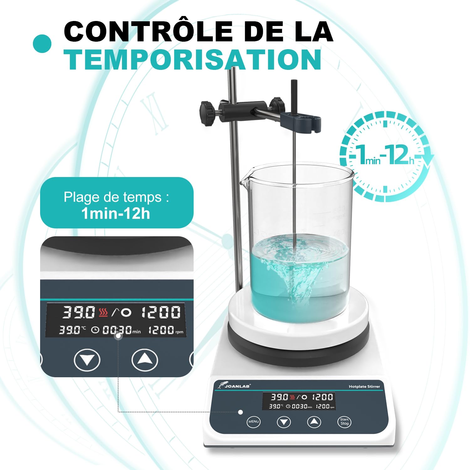 JOANLAB Agitateur Magnétique avec Plaque Chauffante, 310°C, Plaque Chauffante Céramique 5 Pouces, Mélangeur Magnétique Numérique avec Minuterie, 50-1500 tr/min, 3L, Sonde de Température et Barreau