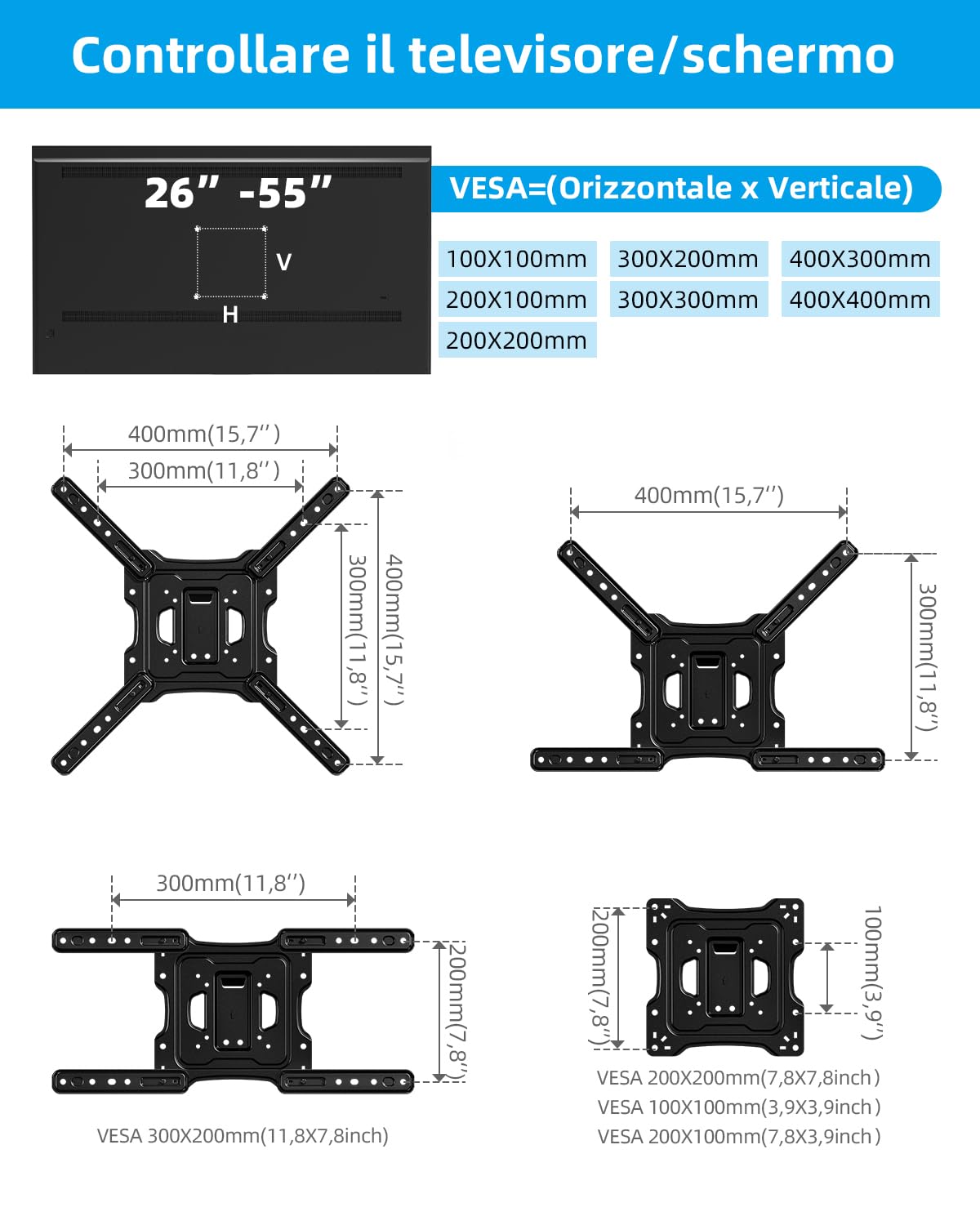 HOME VISION TV a Parete, Supporto TV Girevole e Inclinabile Per Schermi Da 26-55 Pollici Fino a 40 KG, Braccio Extra Lungo Per TV Piatta/Monitor Curvo a Parete, VESA Max 400x400 mm