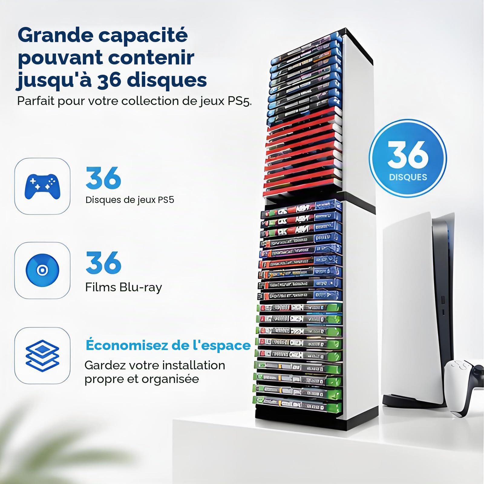 Tour de stockage de jeux PS5, support de jeu universel pour PS4 Xbox Nintendo Switch, avec 36 disques de jeu PS5, Blanc,noir (Stockage 36)