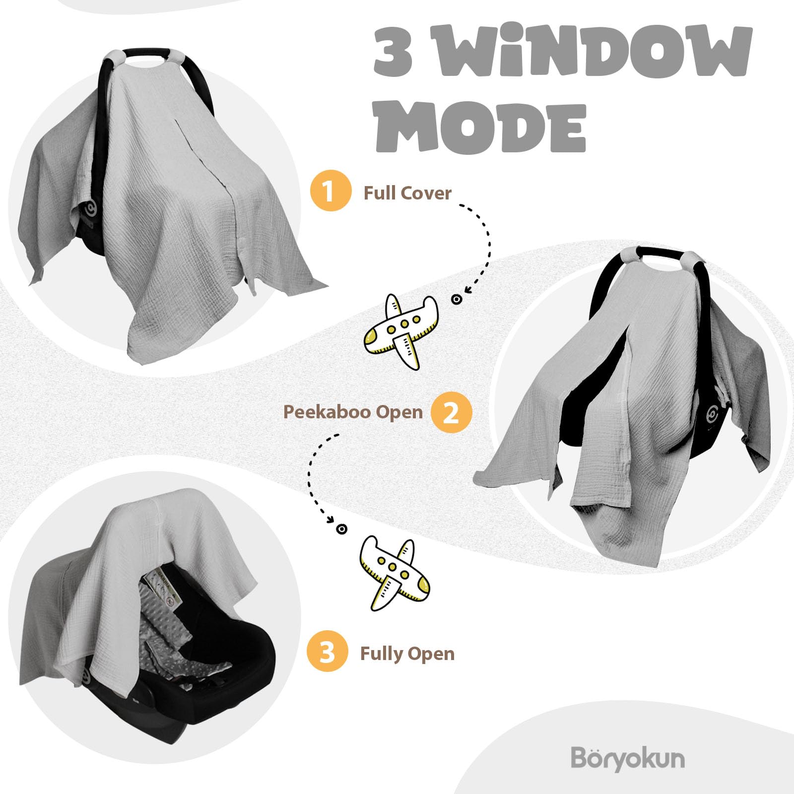 Funda de muselina para asiento de coche para bebés, niños y niñas, color gris claro | Toldo suave y transpirable para asiento de coche, multiuso, funda para portabebés y cubierta de lactancia materna