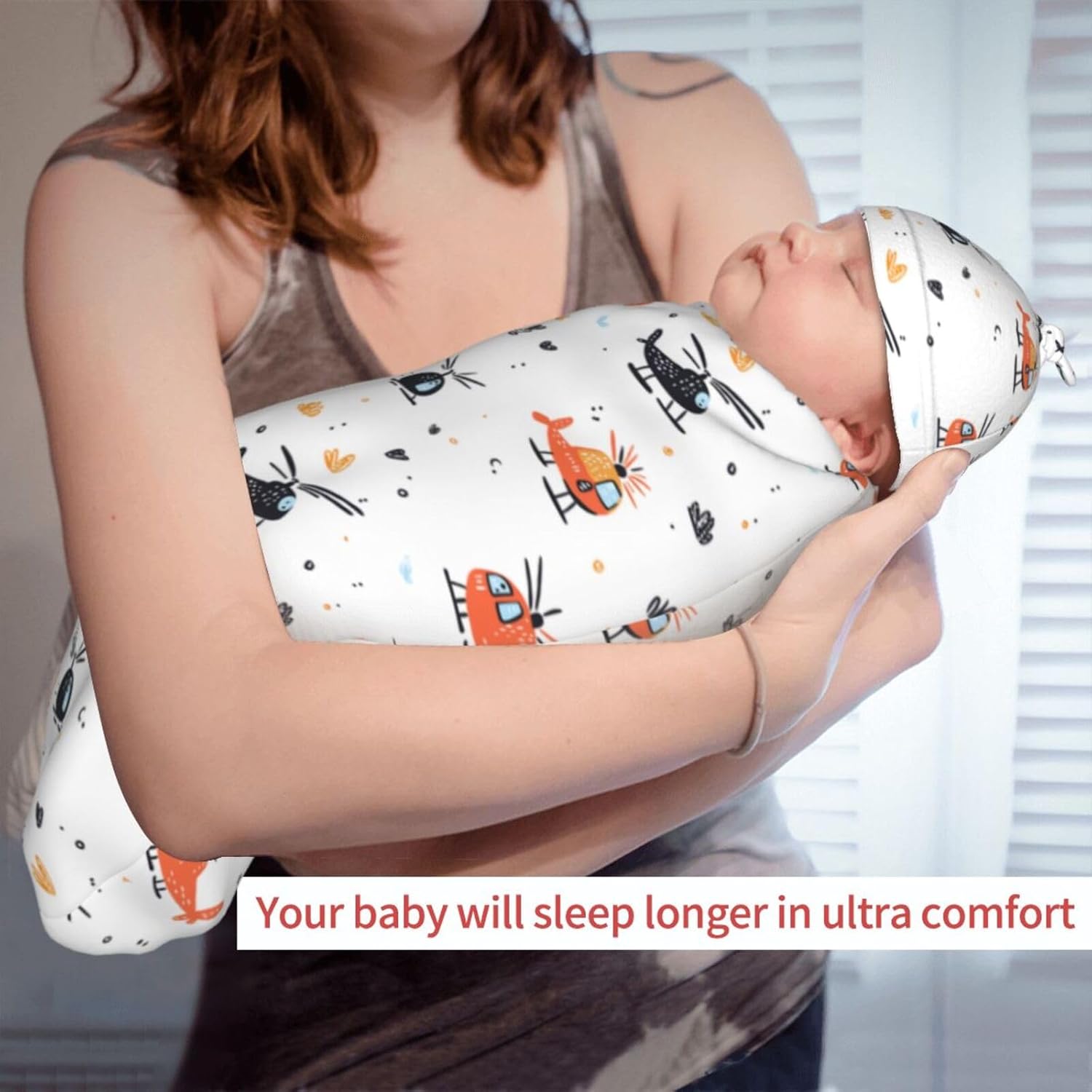 KiuLoam Cute Funny Hand Drawn Helicopter Swaddle Blanket with Beanie Hat Set Newborn Receiving Blankets Baby Swaddle Wrap Soft Sleep Sack for Baby Boys and Girls - Image 6
