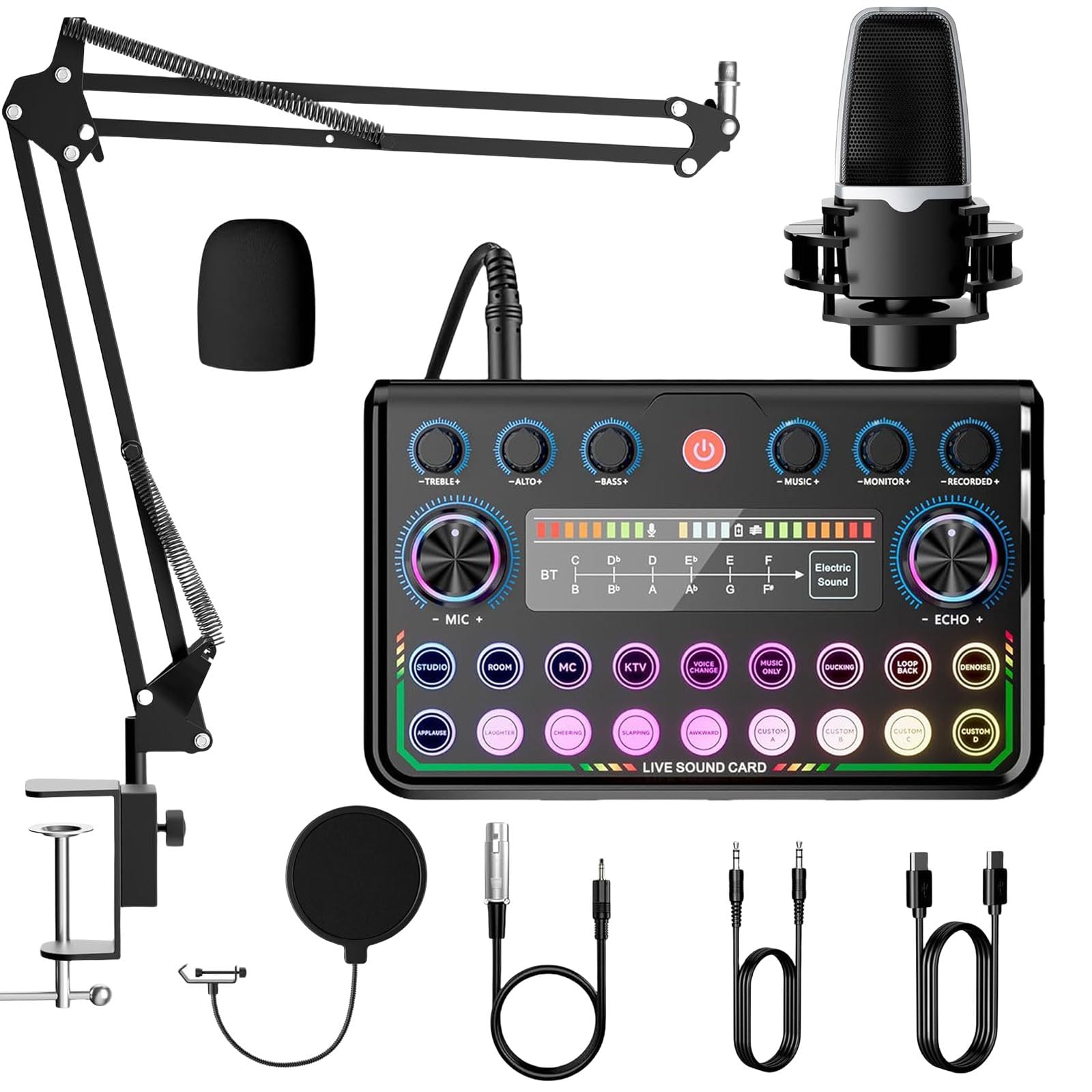 Ensemble d'équipement de podcast avec carte son en direct, microphone mélangeur audio, microphone à condensateur, interface audio, microphone de diffusion en continu, enregistrement en studio pour