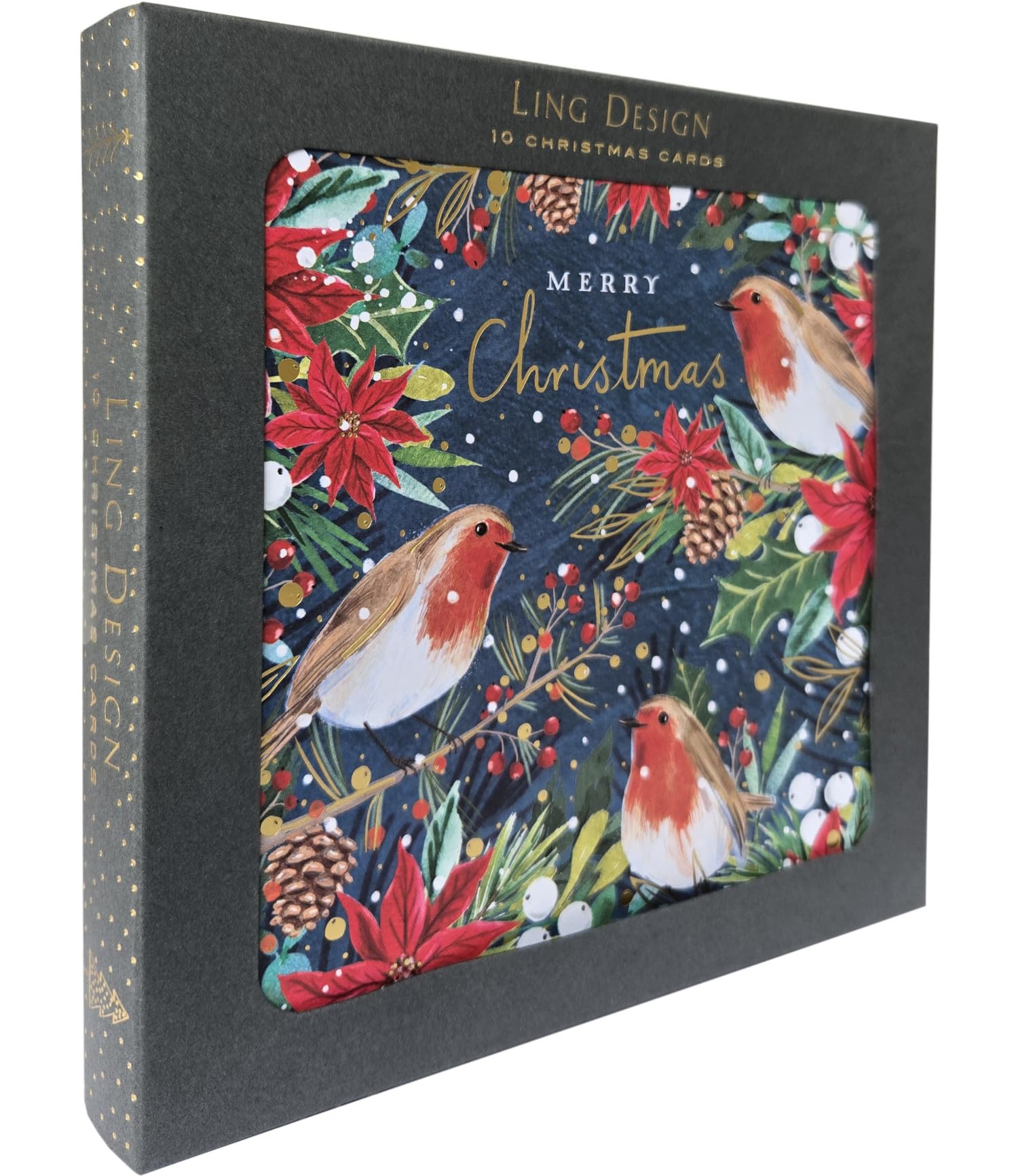 Festive Art Premium Box of 10 Christmas & New Year Cards - 16 x 16cm - Matt Finish with Gold Embossed Detail - Great British Card Company (Festive Robins)
