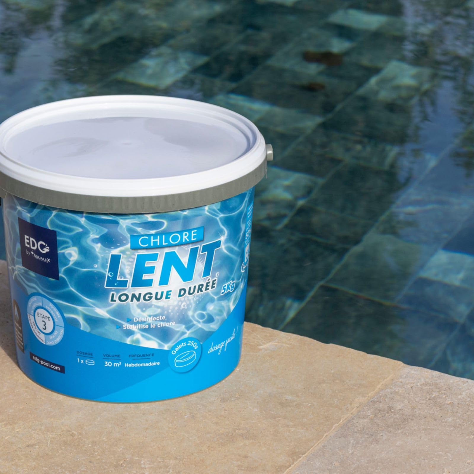 EDG - Chlore Lent Piscine - Chlore Permanent - Désinfection Longue Durée - Galet 250 g - Seau 5 kg- EDG by AQUALUX International