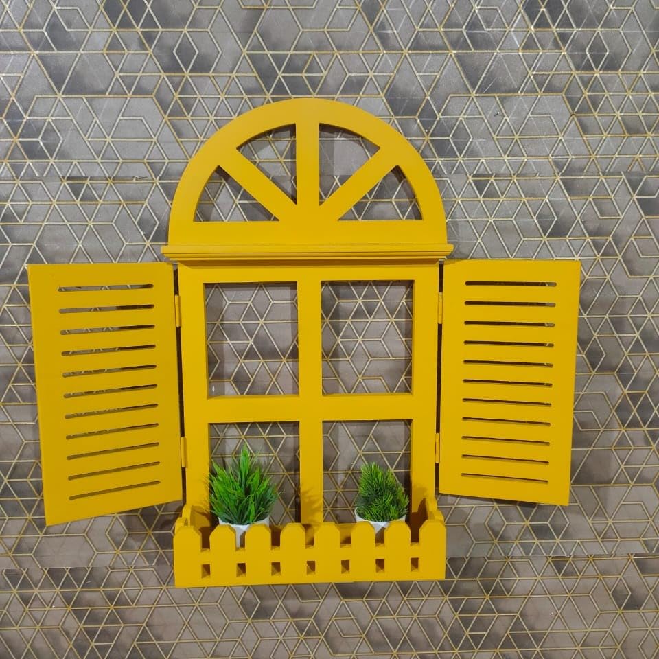 Antique Home Decors Jharokha Window Big Size Wooden Wall Decor Antique jharokha Wall Decor Planter (Yellow)-image-32