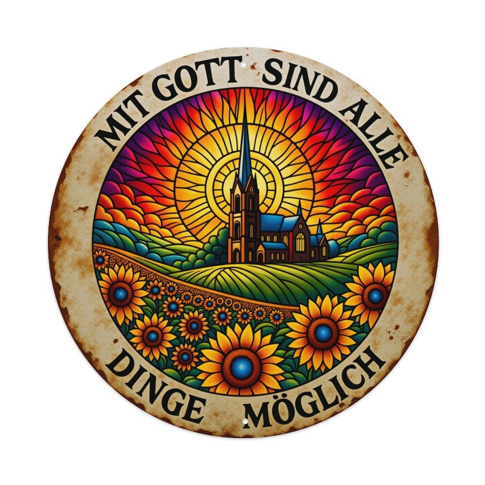 Church Sunflowers Landscape Rainbow Text Round Tin Sign Vintage Metal Poster Retro Bar, Home, Man Cave, Kitchen, Laundry Room Wall Art Decor Gift 8x8Inch
