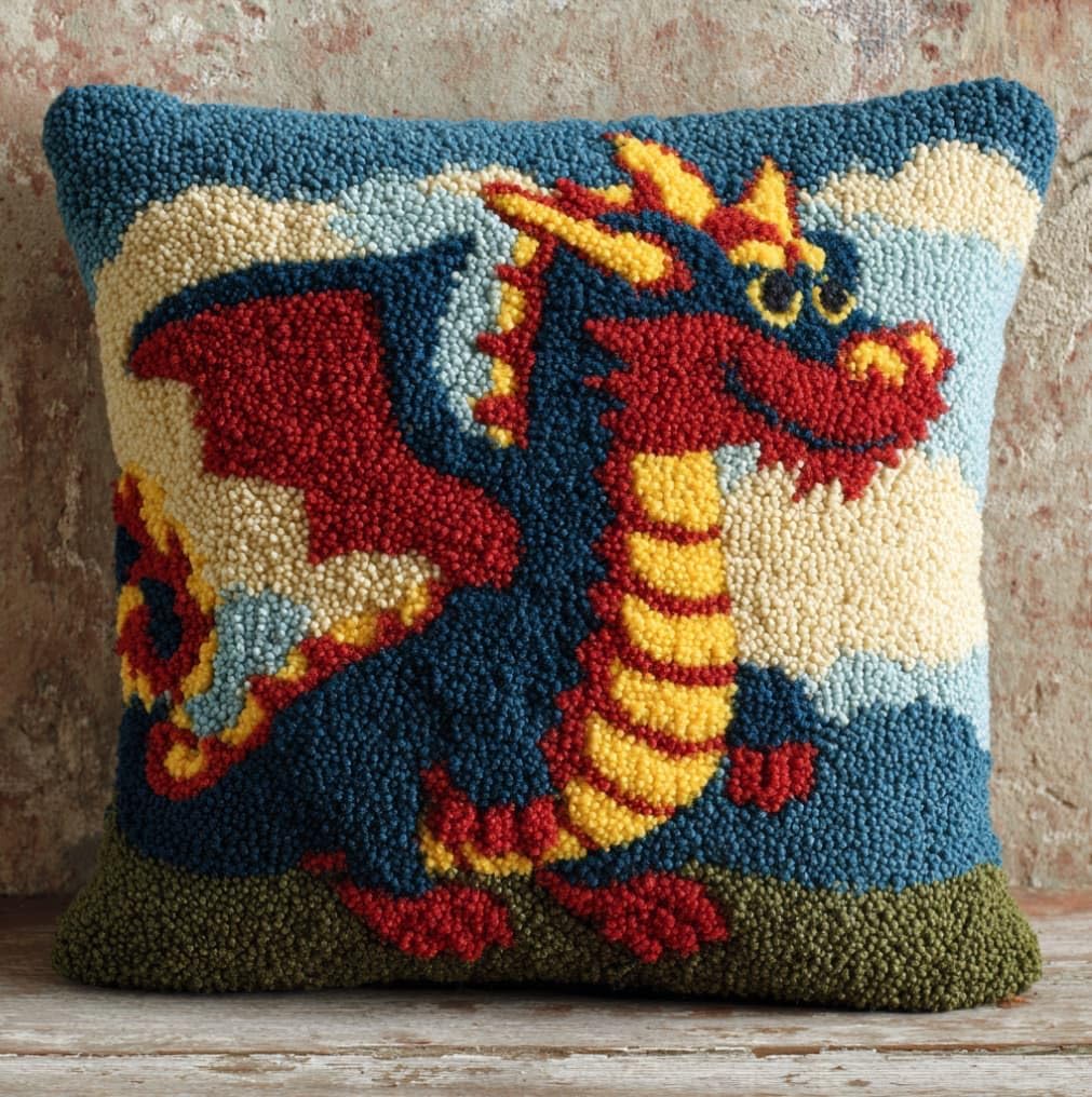 Taxpy DIY Latch Hook Pillow Kit Pre-Printed Hook and Latch Rug Kits Drago 17X17 Inch.Cross-Stitch Embroidery Cushion Cover for Home Sofa Decoration