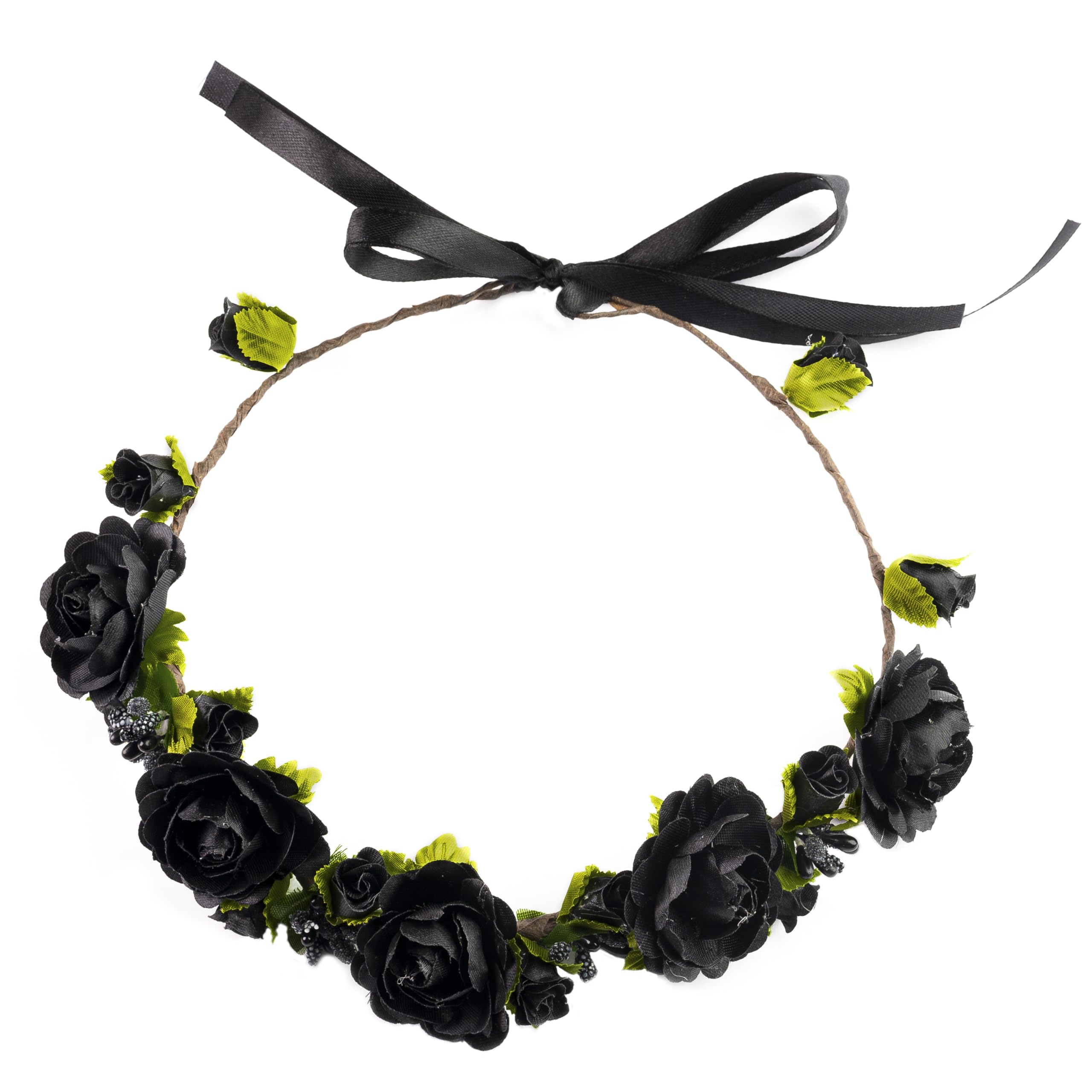 Flower Crown Floral Girls Headband - Black Womens Headpiece Wedding Bridal - Artificial Silk Roses Boho Wreath