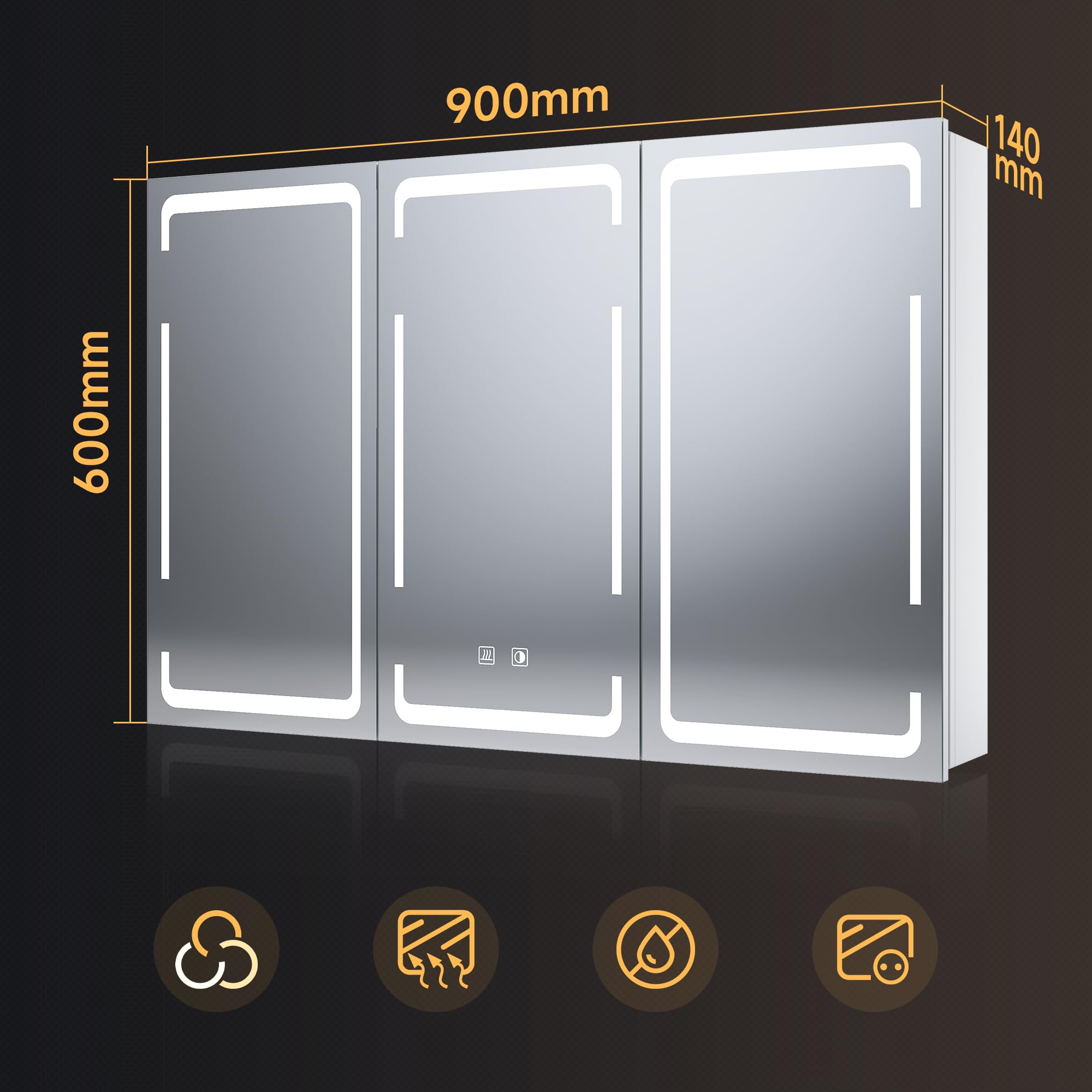 SONNI Armario Baño Espejo con Iluminación LED, Mueble Espejo Baño LED Antivaho Regulable en 3 Colores, Armario con Espejo de 3 Puertas con Bisagra Inalámbrica 90x60x14cm