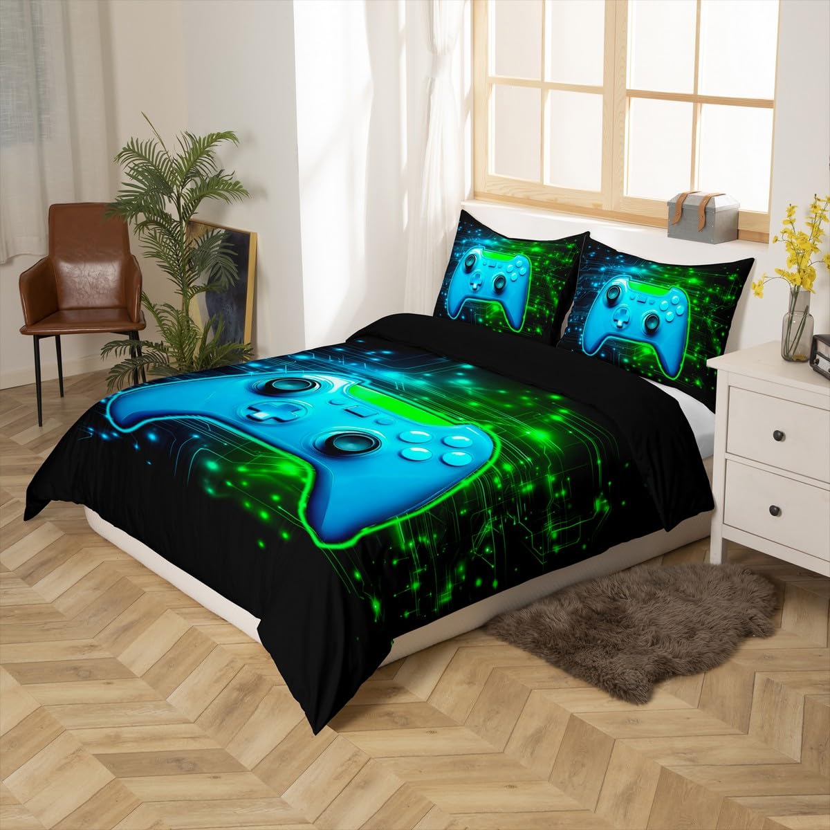 Homemissing Gamer Duvet Cover Set Single Size Blue Gaming Breathable Bedding Set Green GamePad Zippered Duvet Cover with 1 Pillowcase Kids Games Controller For Teenager Boy - Image 2