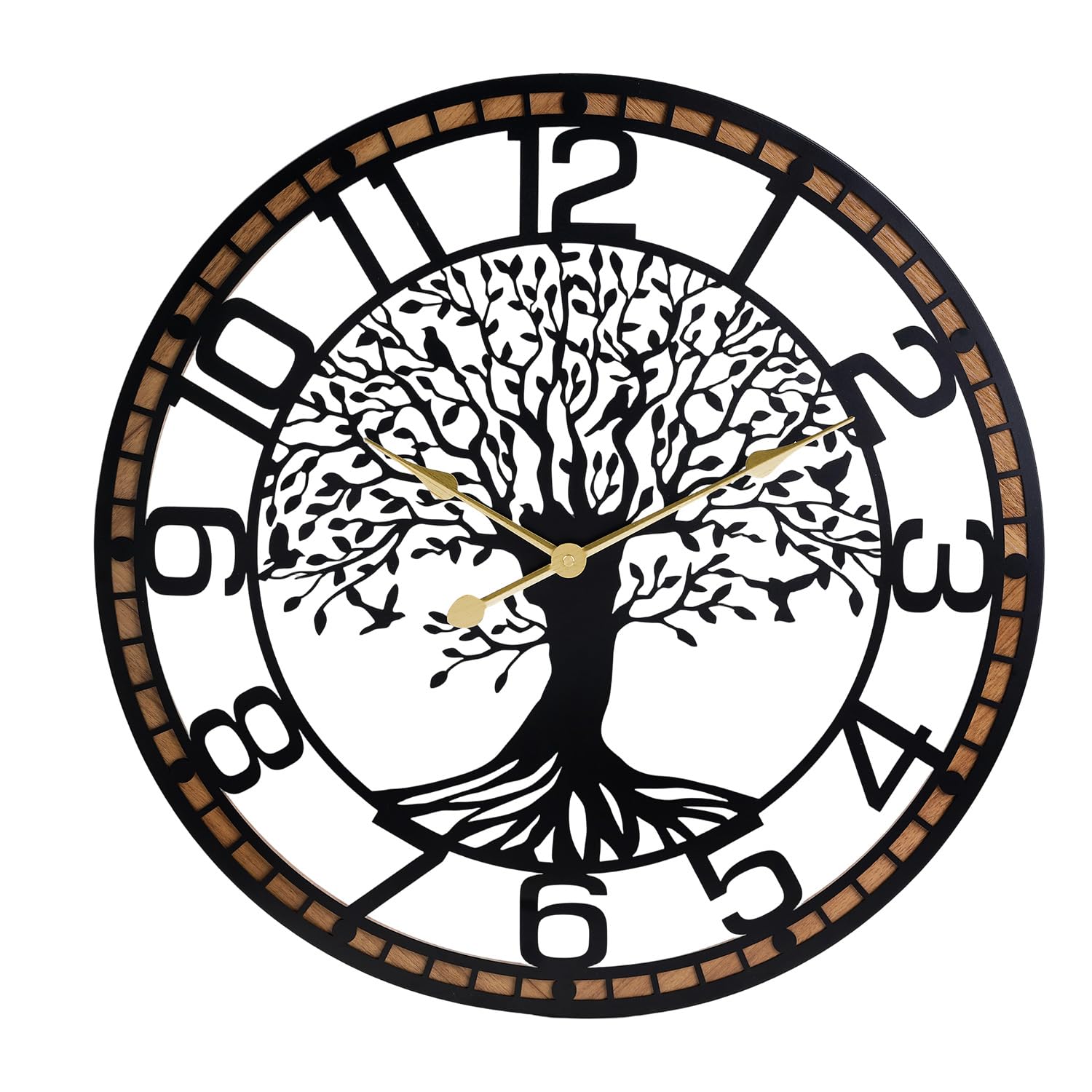 Reloj de pared grande y silencioso, 24 pulgadas, árbol de la vida, metal negro con marco de madera maciza, sin tictac, funciona con pilas, para sala de estar, oficina, dormitorio, cocina, accesorio