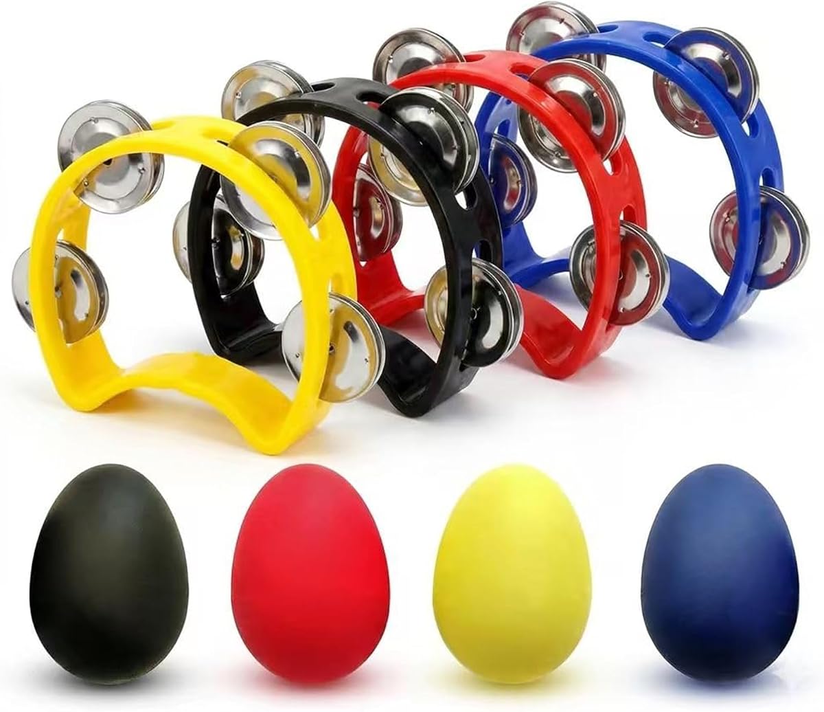 Paquete de 4 panderetas de mano con 4 huevos, para niños y adultos, práctica, actuación, fiesta, aula, mini panderetas rítmicas, instrumentos de percusión coloridos (4 colores)