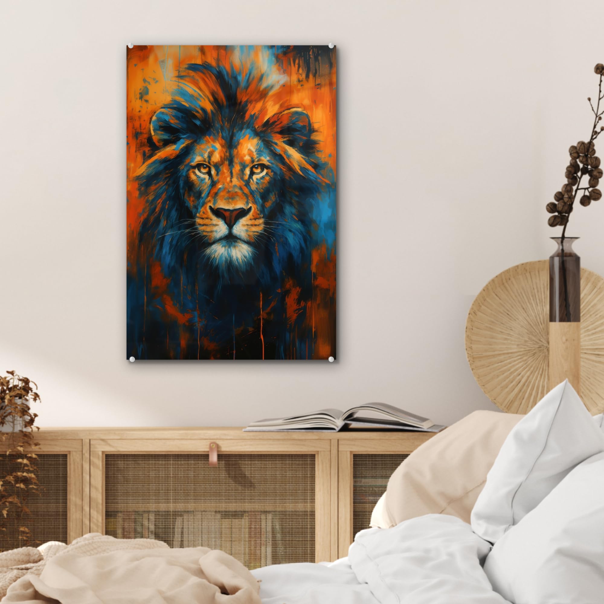 MuchoWow© Quadri Grande Formato 40x60 cm Mini Poster Parete Moderno Interno Stampa Foto Su Vetro Salotto Cornice Murale Arredamento Dipinto - Testa Di Leone - Arancione