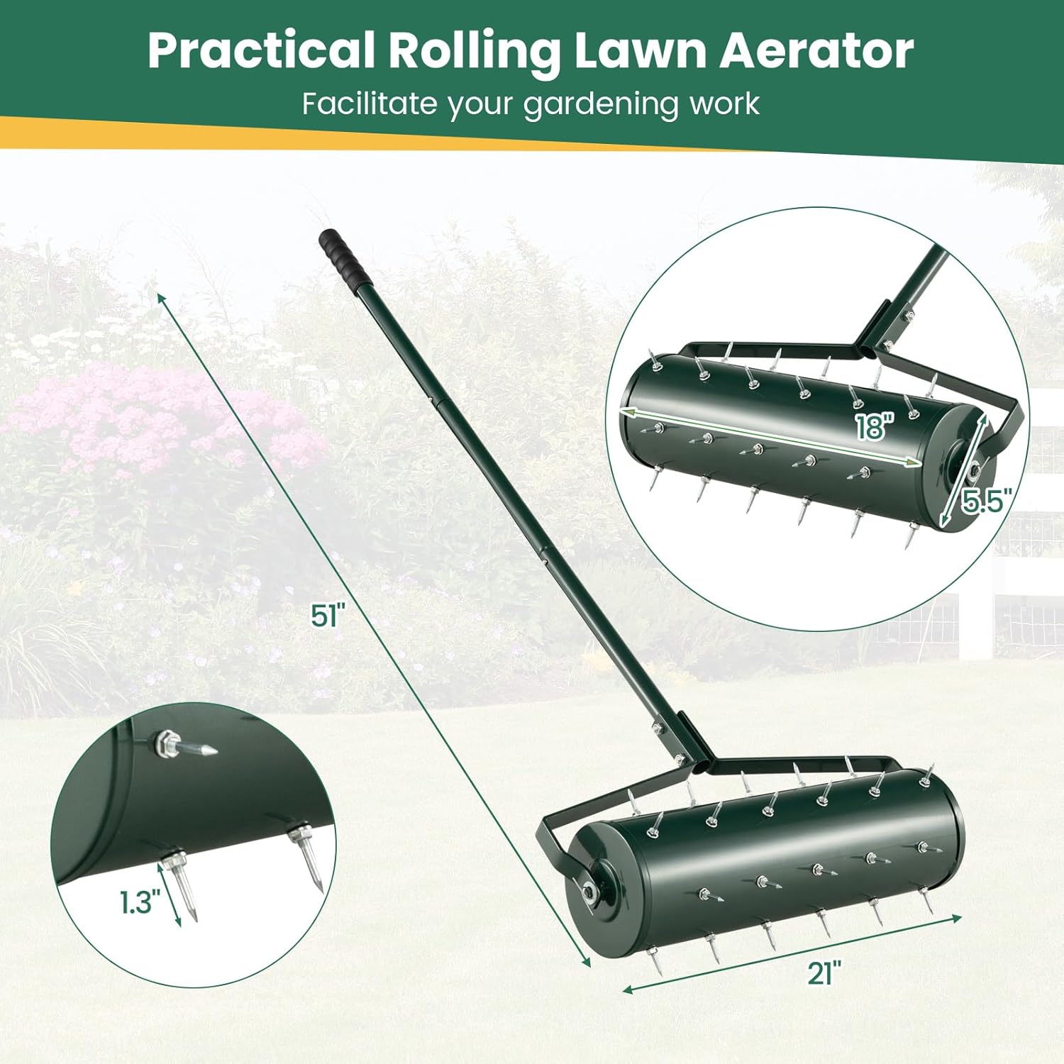 Goplus Rolling Lawn Aerator, 21-Inch Garden Yard Rotary Push Tine Filled Sand Stone, Heavy Duty Spike Soil Aeration w/Metal Handle, Fillable Drum 51" Manual Lawn Aeration Tool Garden Grass Patio Yard
