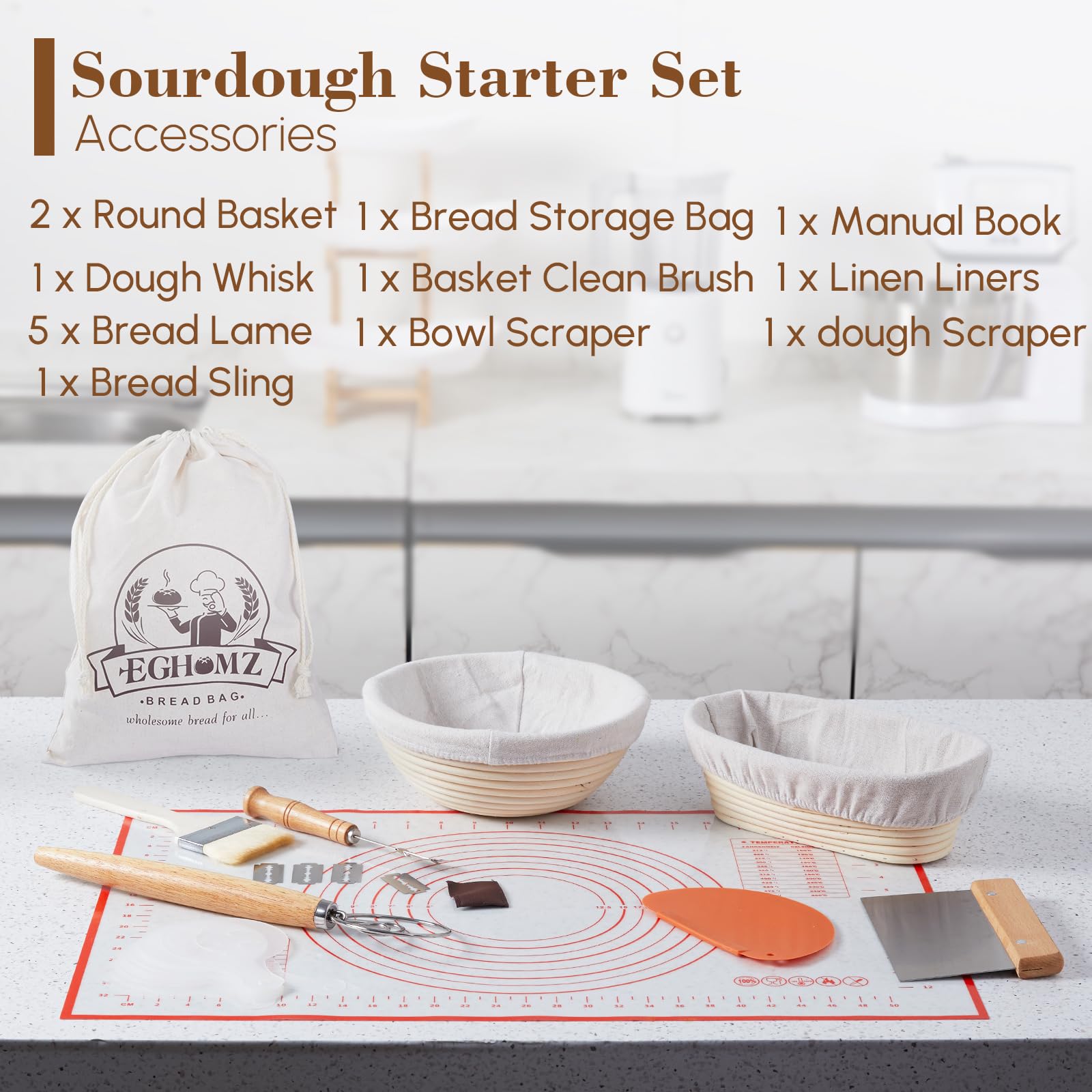 Set di 17 cestini per lievitazione del pane Banneton, rotondi da 22,9 cm e ovali da 25,4 cm, kit completo per la preparazione del pane, frusta danese, raschietto, raschietto per impasto, e lame per