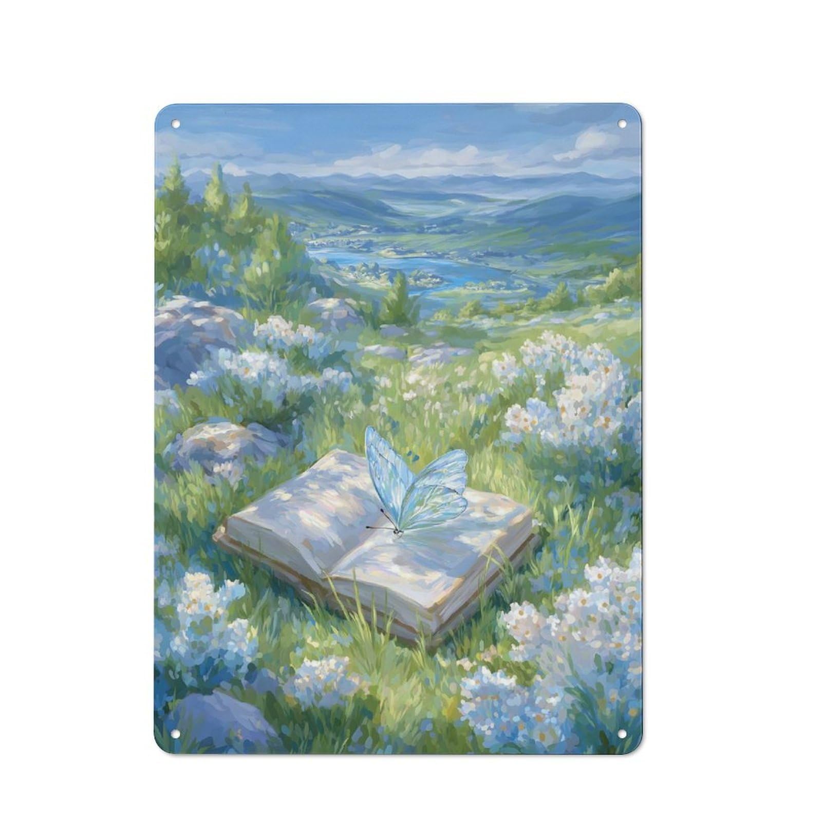 Junmoney Style-20 Nostalgic Butterfly On Book In Meadow Painting Metal Wall Sign 40X30cm, Classic Pub Decor For Bar, Kitchen, Garage Or Games Room