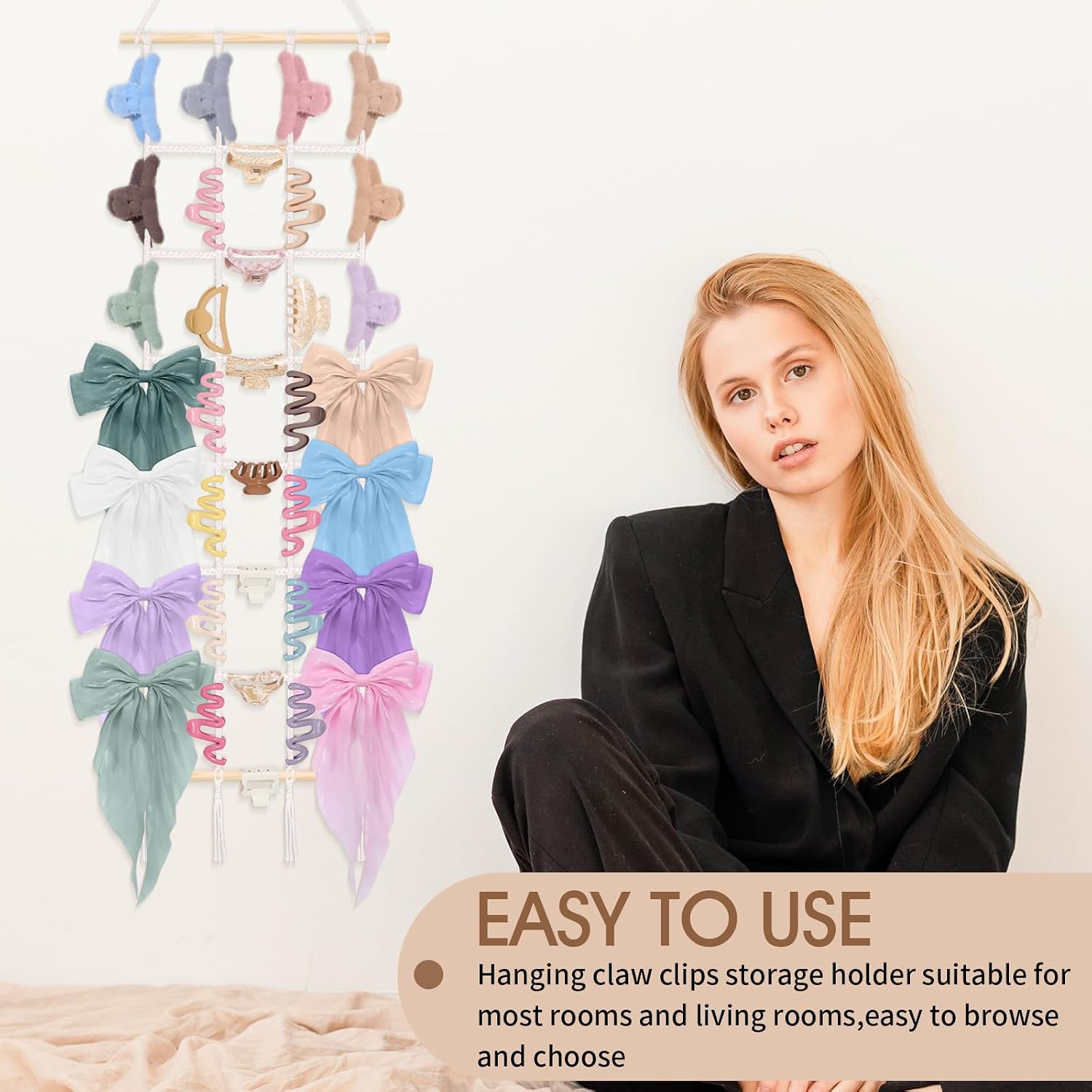SNOWSTAR Macrame Claw Clip Organizer, Hanging Hair Clip Holder for Women Girls, 4-Tier Diamond-Shaped Grid Claw Clip Hanger, Hanging for Wall,Door,Closet. (Pure White)