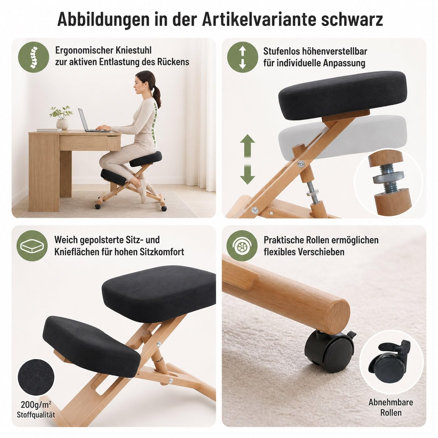 Mendler Kniestuhl HWC-Q46, Sitz-/Kniehocker höhenverstellbar Rollen Stoff/Textil (200g/m²) Holz - Creme