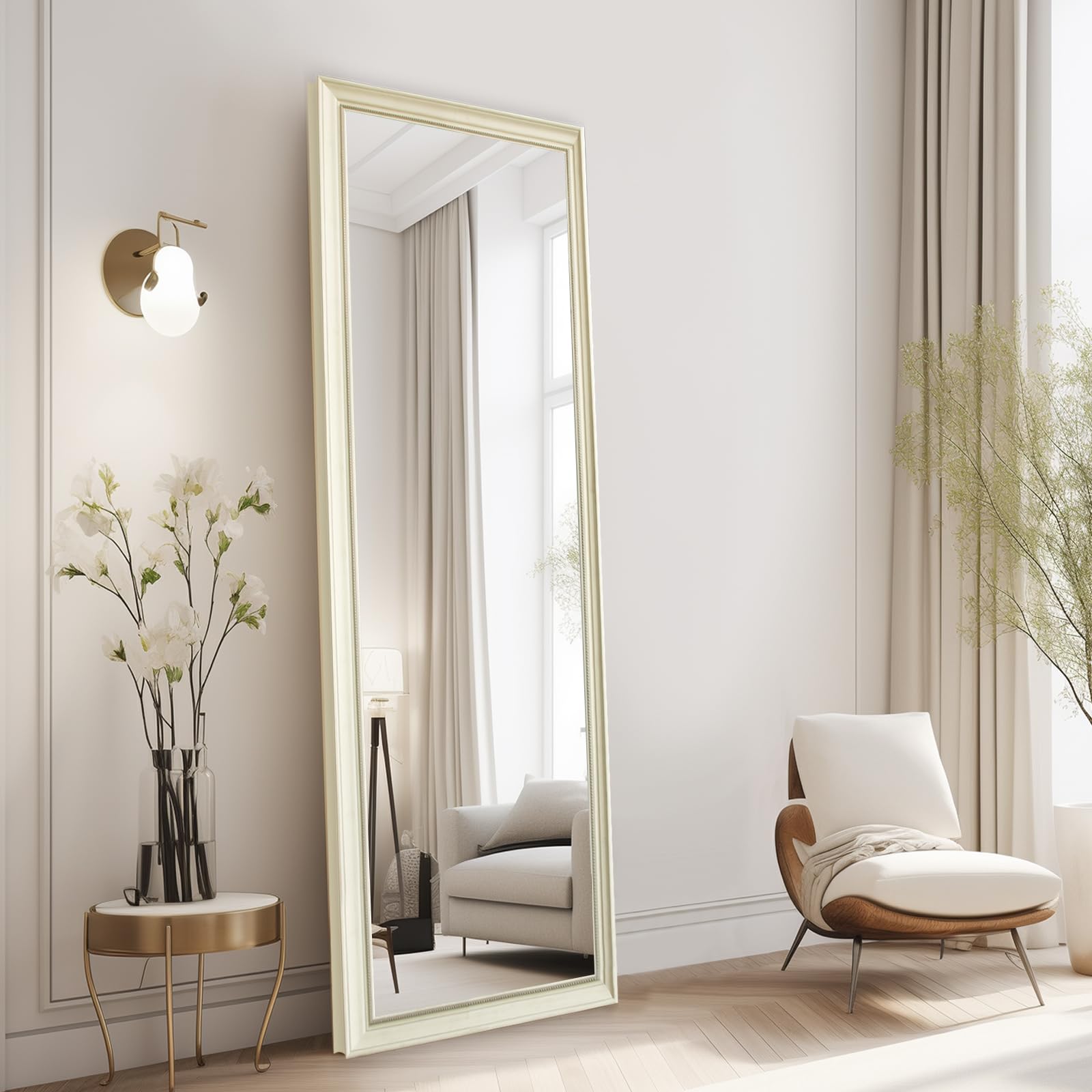Niccy Full Length Mirror 65"x 22", Floor Mirror Beaded Frame with Stand Wall-Mounted or Leaning, Stand Up Mirror Full Large Body Mirror Big Tall Full Mirror for Bedroom (Beaded White)