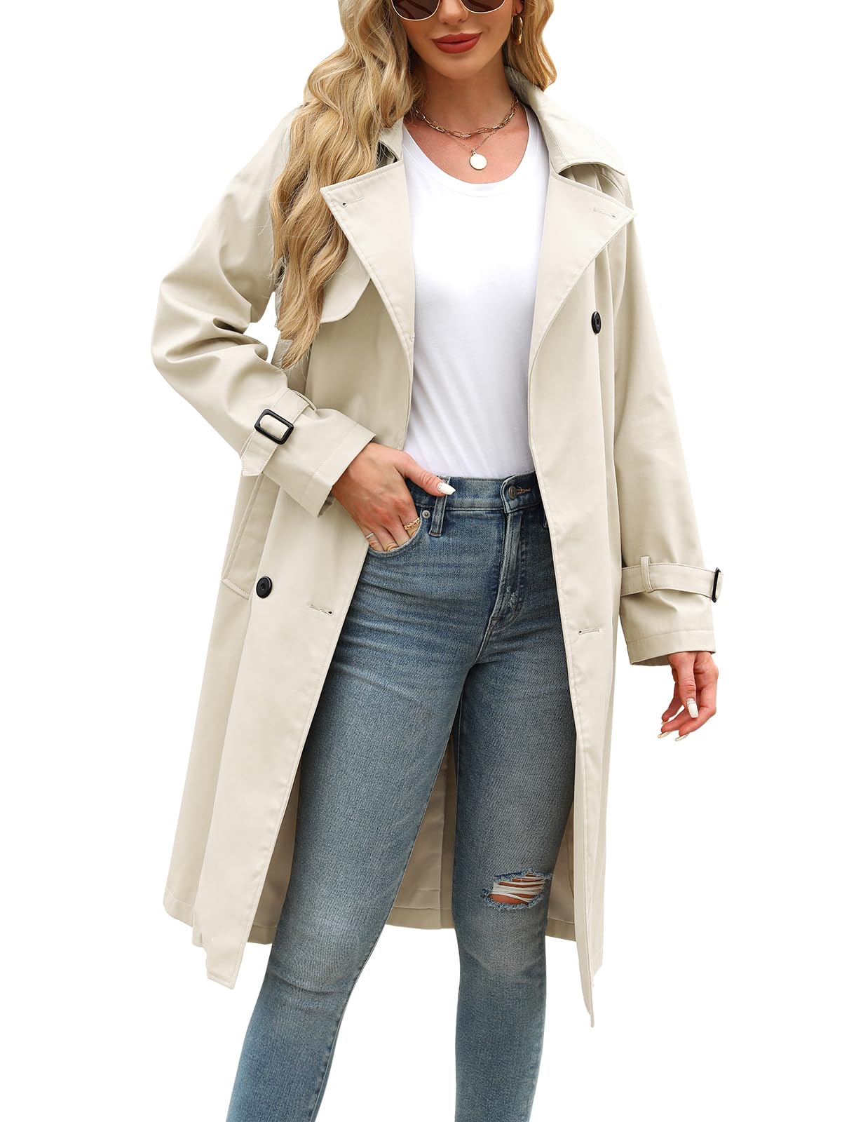 Vancavoo Trench Coat Femme Manteau Printemps Long Veste Blouson Classique Double Boutonnage Blazer Manteau Jacket Coat Automne Hiver Outwear