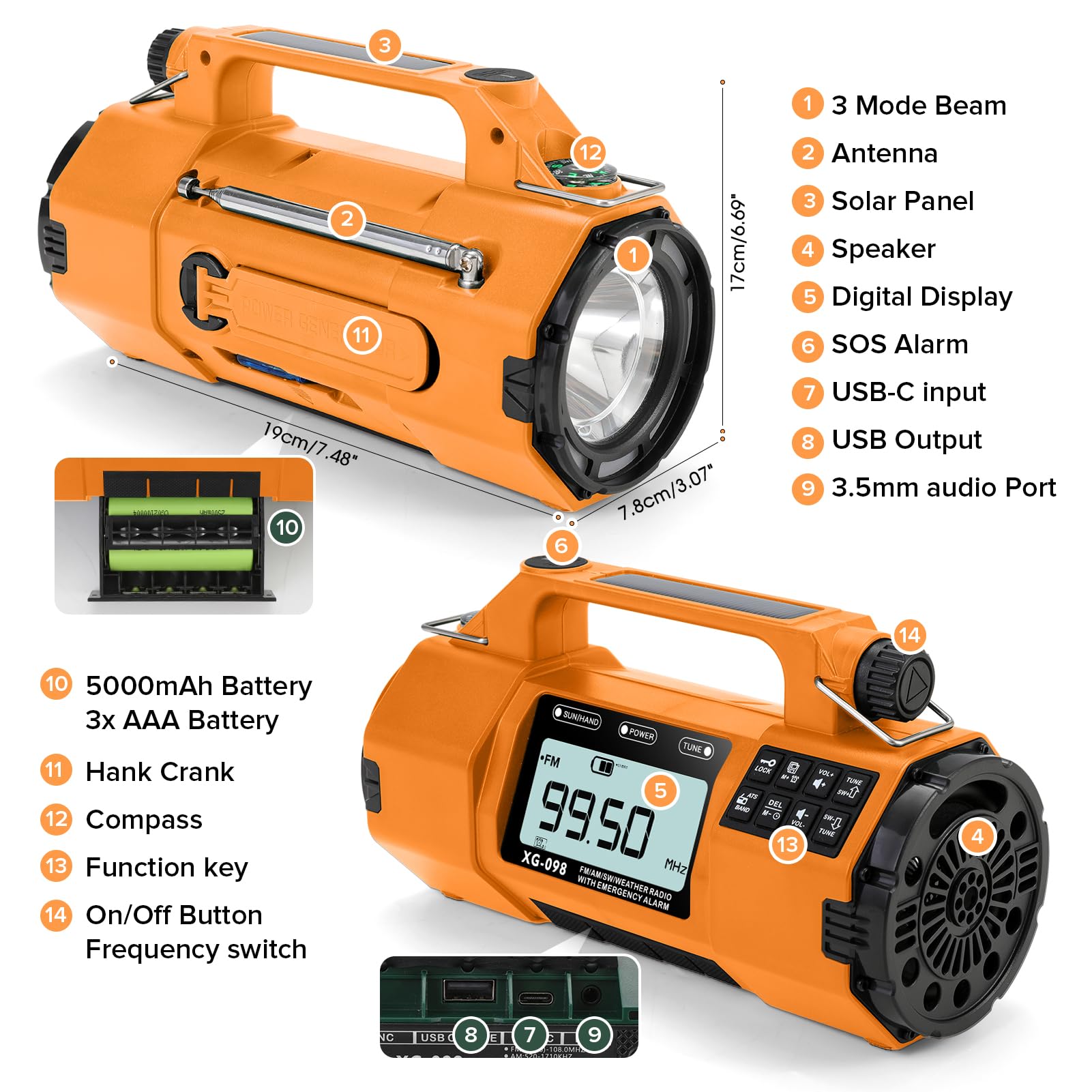 Aufzieh-Solarradio, AM/FM/KW Solar-Handkurbelradio mit größerer Taschenlampe/Lautsprecher, Uhr, 5000-mAh-Akku-Radio mit SOS-Alarm für Innen- und Außenbereich