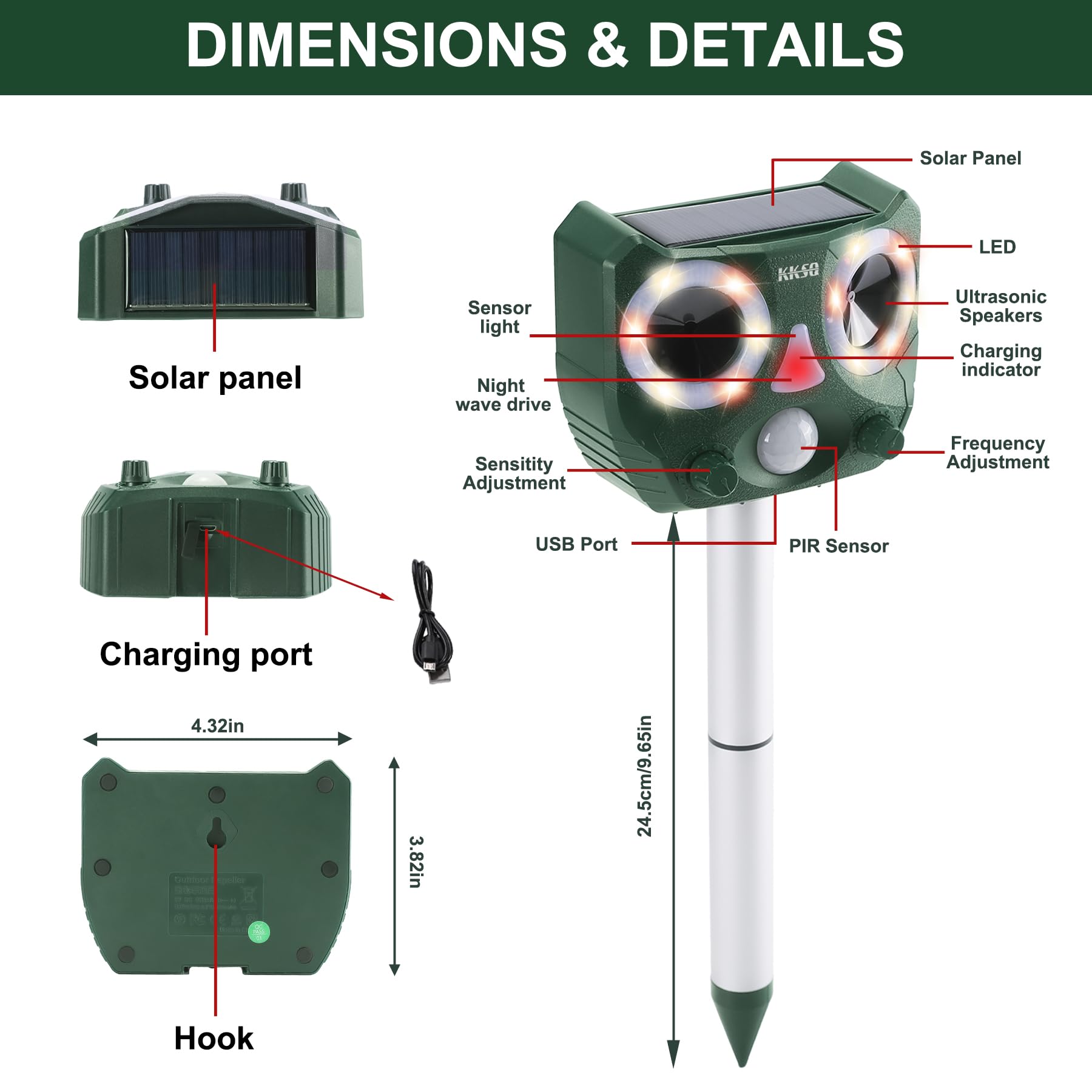 Répulsif solaire à ultrasons pour animaux d'extérieur et d'intérieur avec design de forme bionique, dispositif répulsif étanche avec détecteur de mouvement pour chat, chien, oiseau, lapin, écureuils